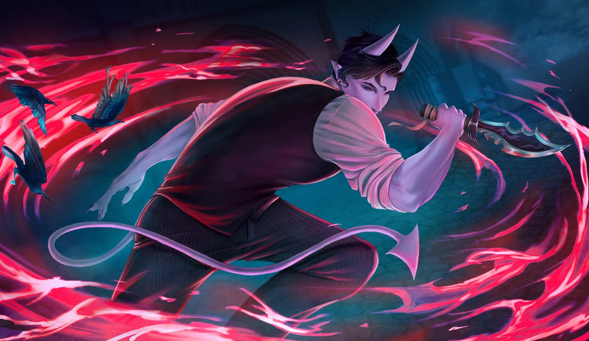 Digital illustration of a male character with horns, wielding a curved dagger with glowing purple accents, surrounded by swirling pink and purple energy, and accompanied by blue birds in flight.