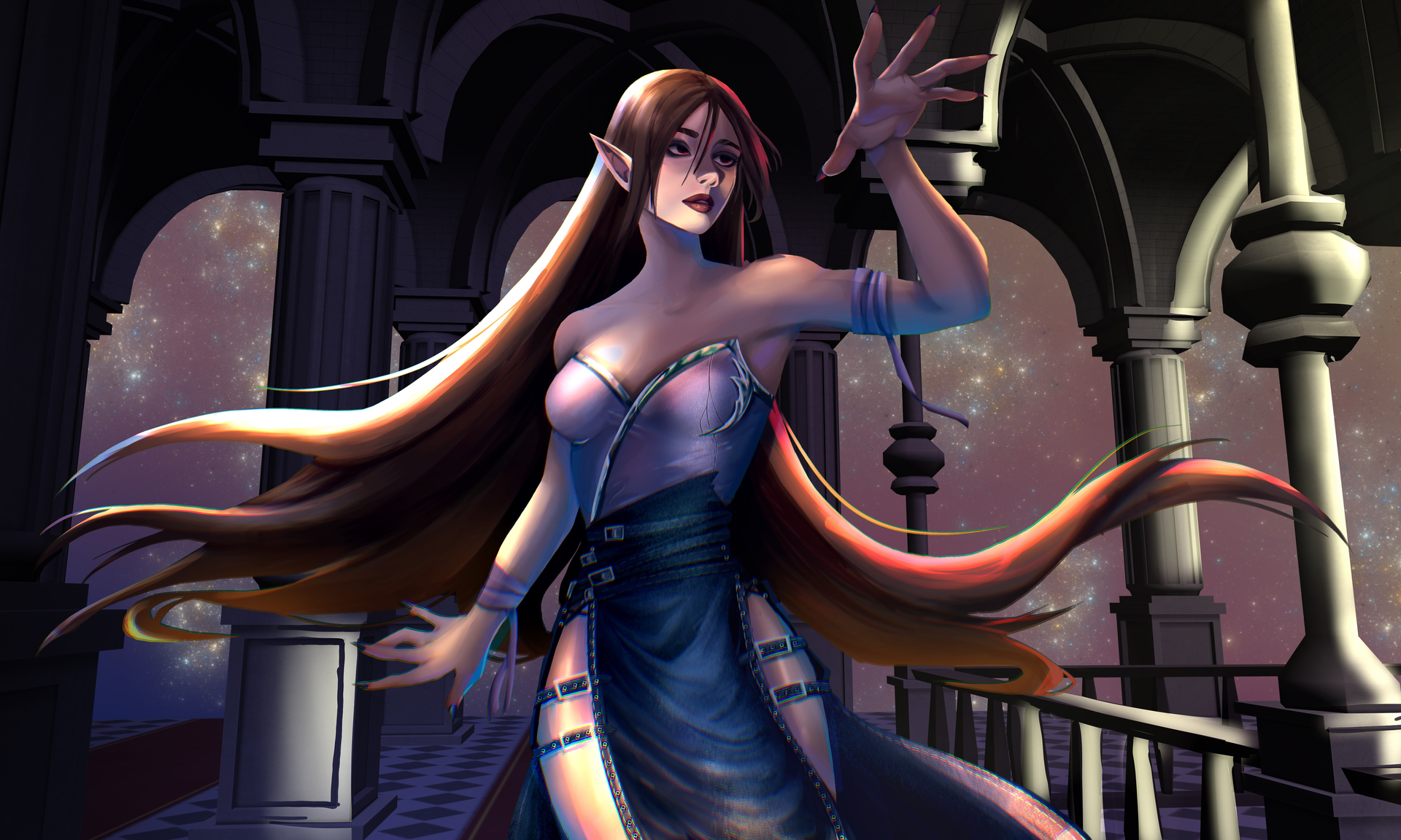A fantasy female elf with long flowing hair and pointed ears, dressed in a revealing outfit, standing on a balcony with a starry sky in the background.