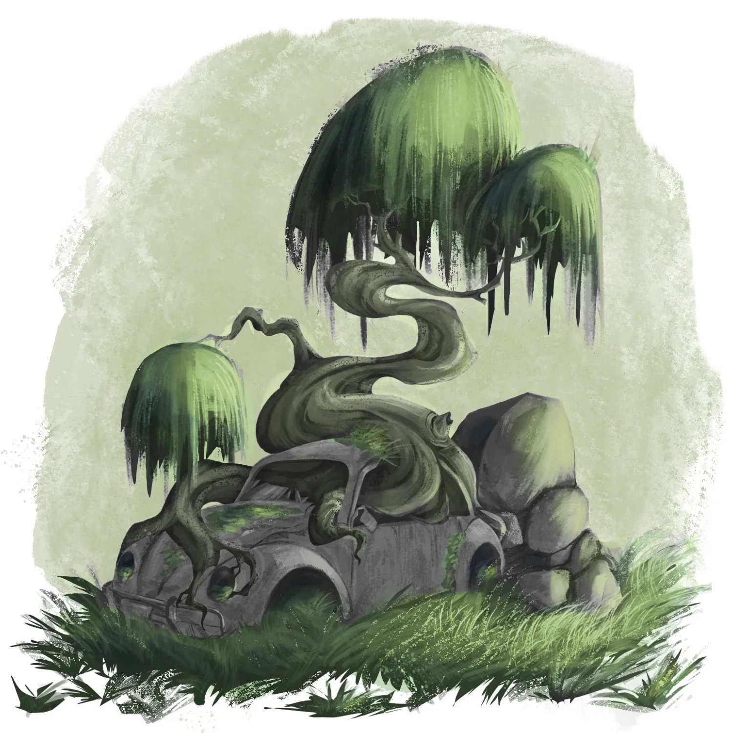 A surreal digital painting of a small landscape with twisted roots, large rocks, and a small pile of old, moss-covered car tires. Green weeping willow trees with long, drooping branches surround the scene, with some trees growing from the tires. The background is a muted green with soft, abstract textures.