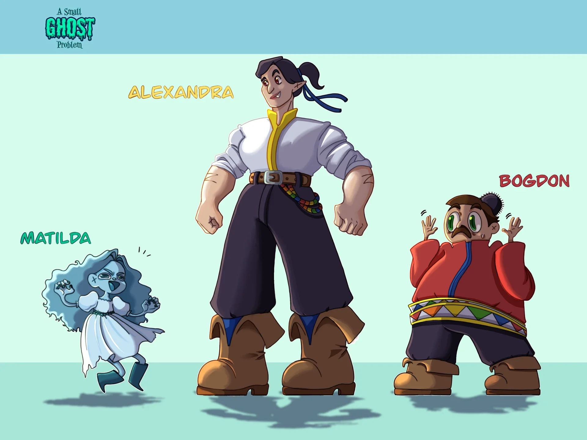 Cartoon characters from 'A Small Ghost Problem' display in the image, including a tall elf-like figure with dark hair, a blue ribbon, and boots, positioned in the center. To the left, a small ghost with blue hair and a white dress, appearing cheerful