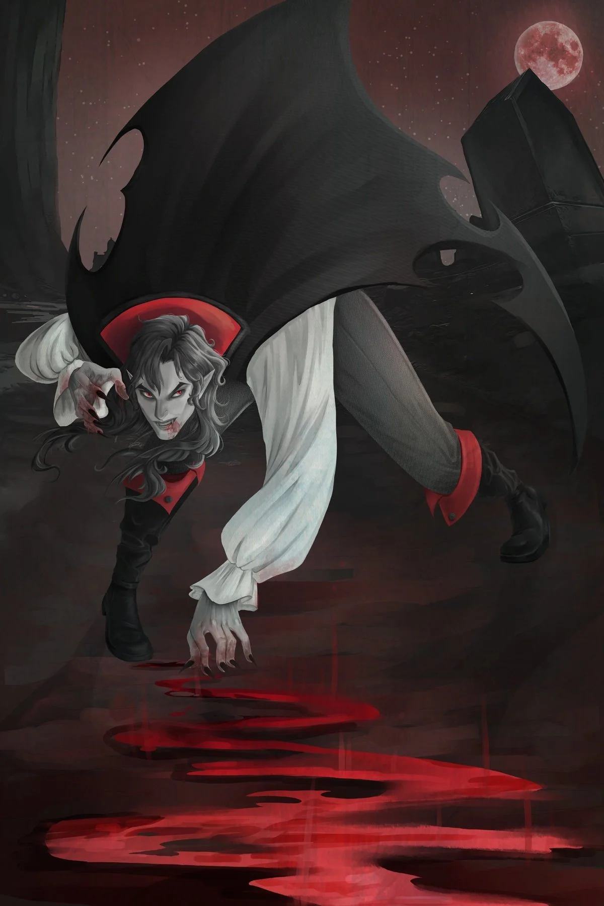 A sinister vampire with long gray hair, red eyes, blood on his mouth, and sharp claws crouches on the ground. He wears a black cape with a red lining, a white shirt with billowing sleeves, dark pants, and black boots. A pool of blood is on the ground