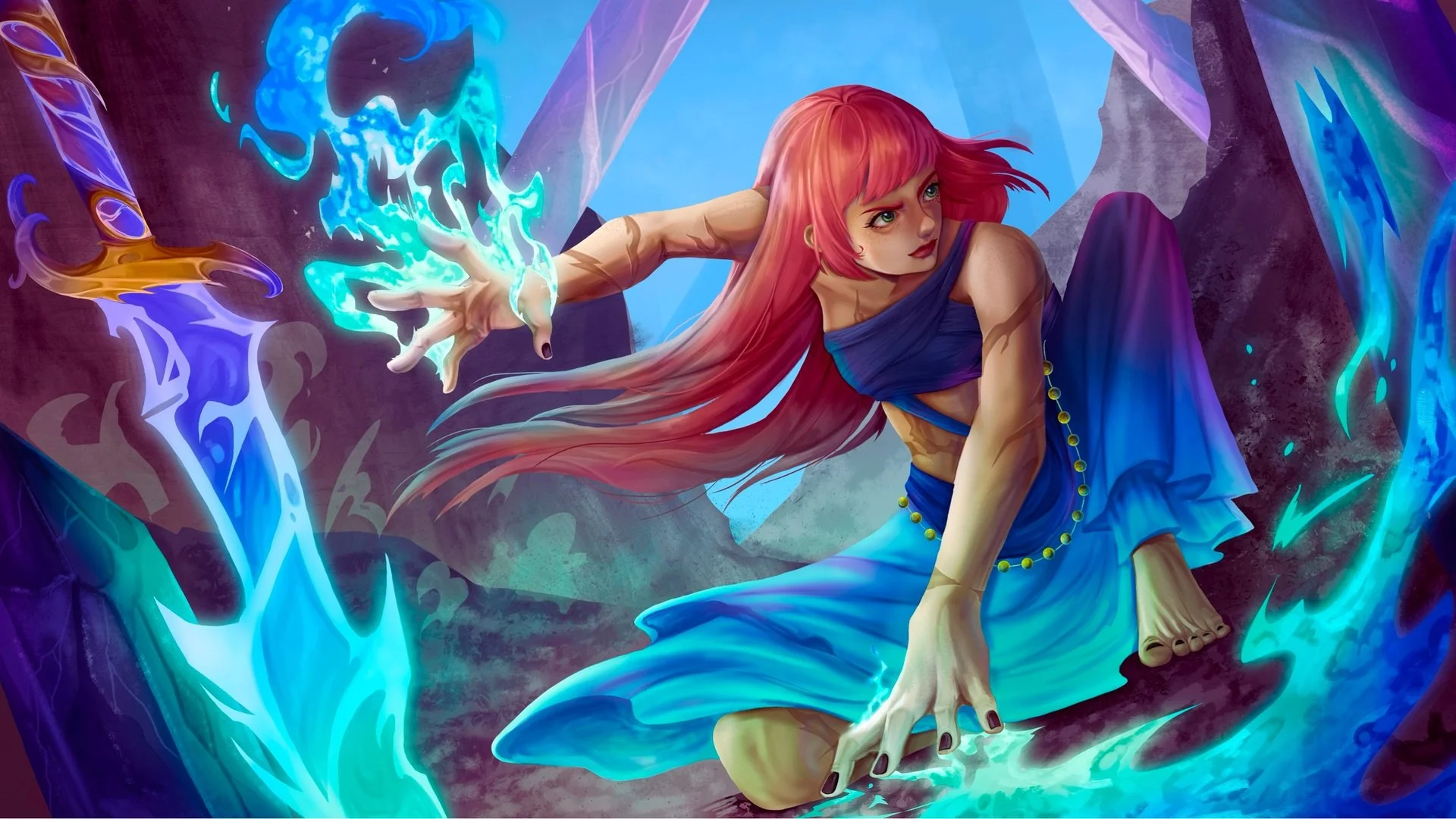 A fantasy illustration of a woman with long red hair casting a spell or summoning blue lightning, surrounded by mystical energies and vibrant colors.