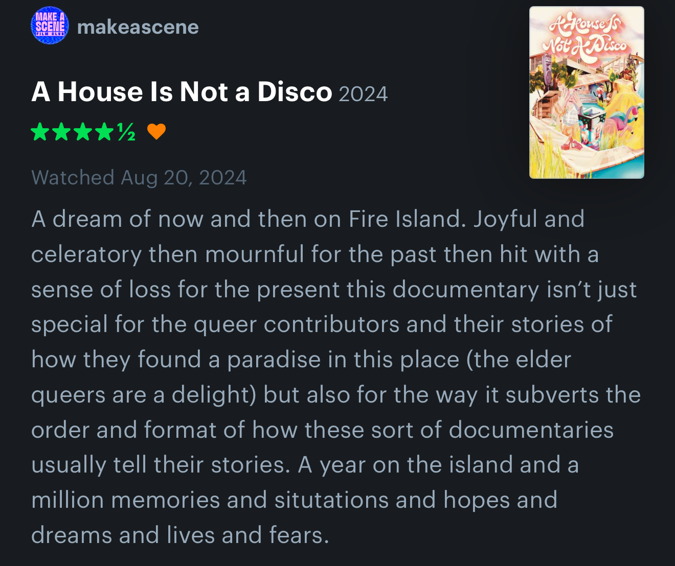 Movie poster titled "A House Is Not a Disco" with colorful graphics, including a house, plants, and people in a whimsical style.