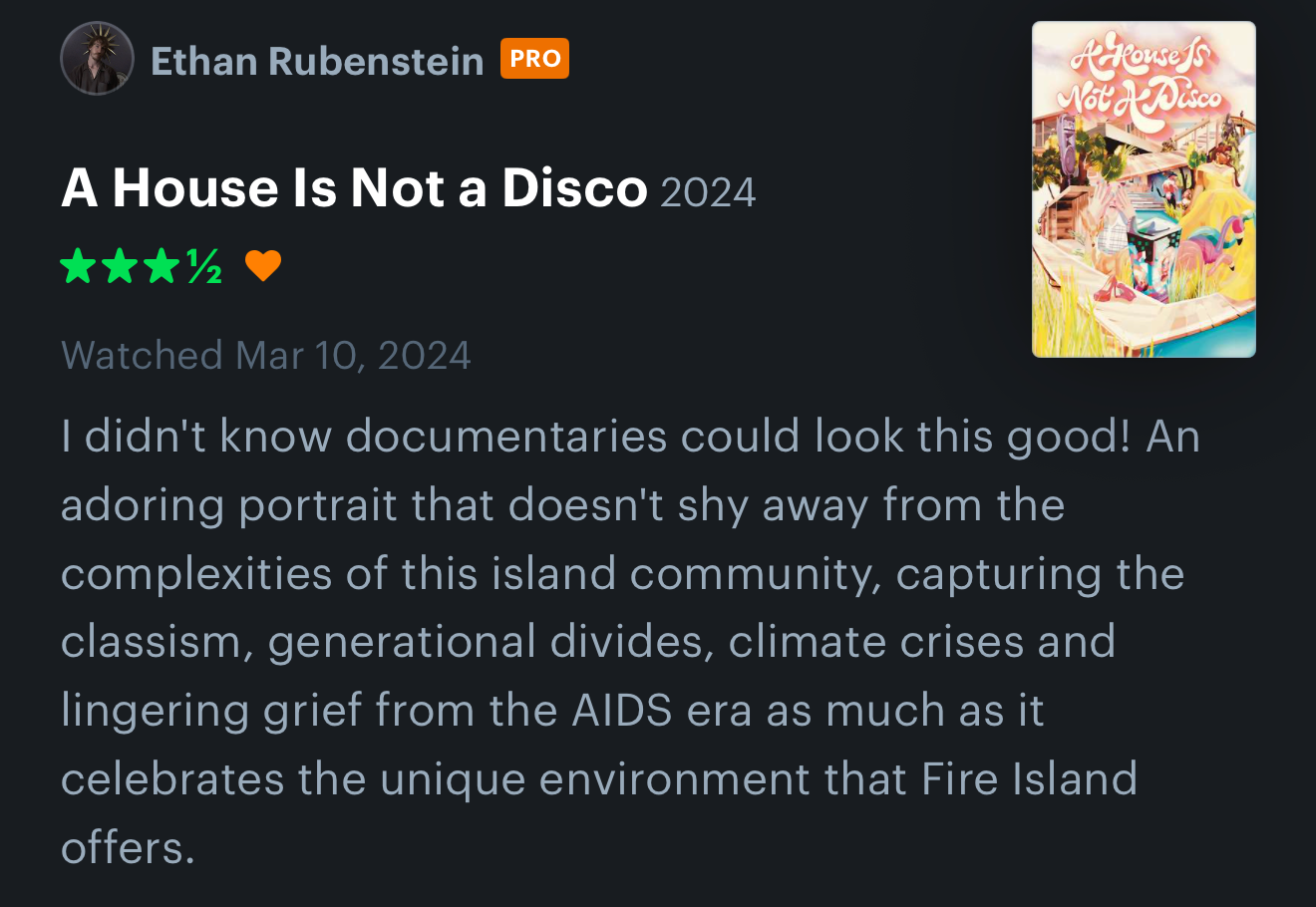 A 3.5 star letterbox review for 'A House Is Not a Disco' - I didn't know documentaries could look this good! An adoring portrait that doesn't shy away from the complexities of this island community, capturing the classism, generational divides