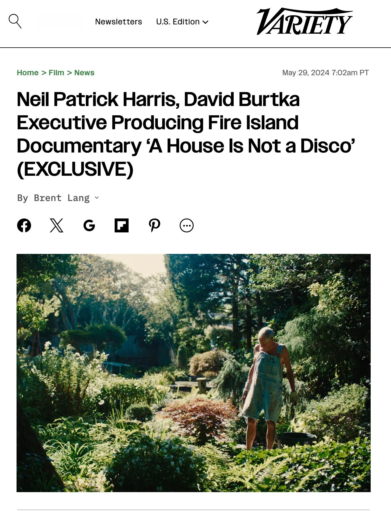 Variety Article about A House is Not a Disco - Picture: An older gay man in overalls tending to a lush garden filled with various green plants and trees, with sunlight filtering through the foliage.