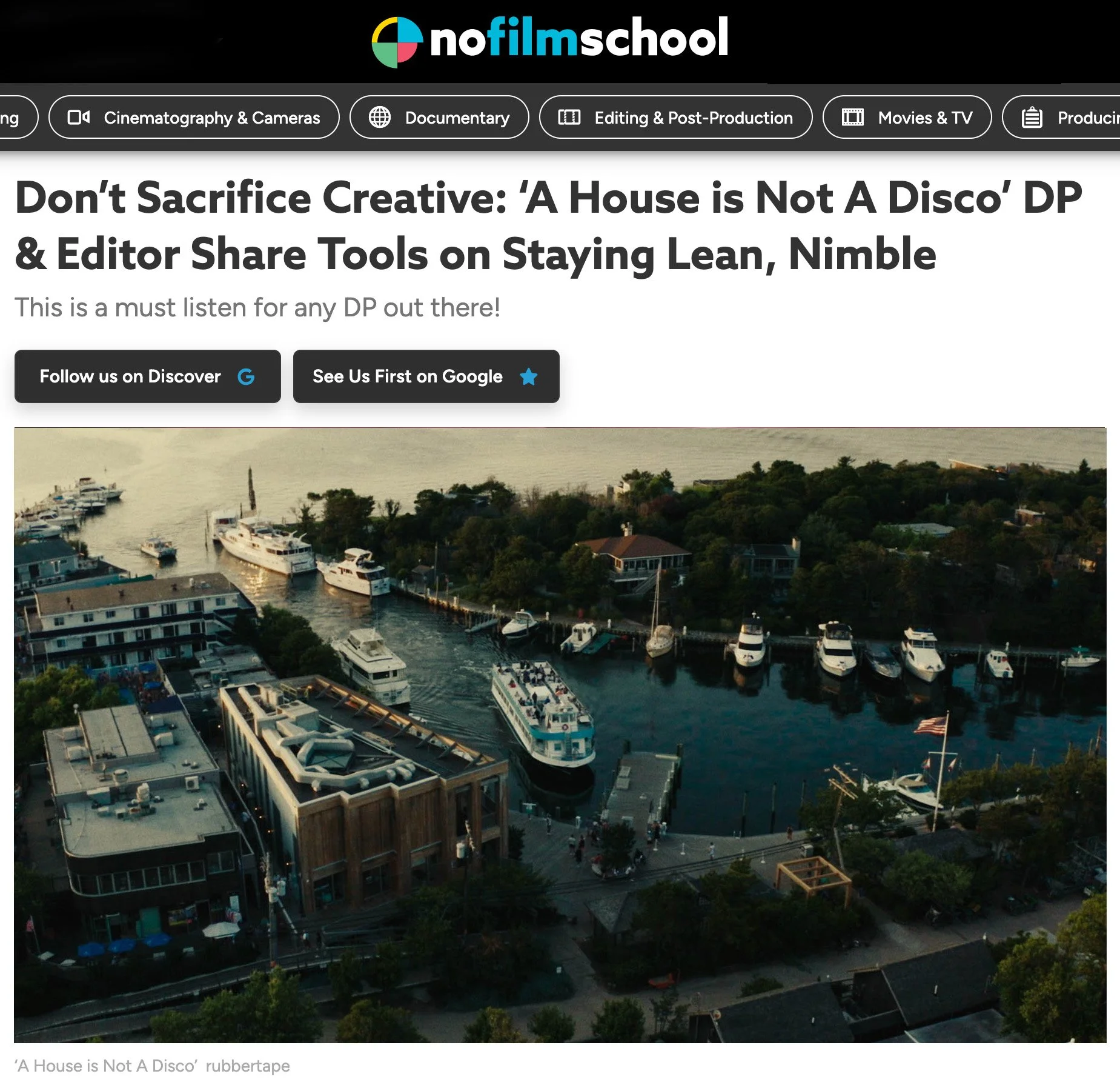 NoFilmSchool Podcast with Blake Pruitt and Eric Schleicher - picture of Aerial view of the Fire Island Pines marina with boats docked in the water, surrounded by buildings, trees, and streets near a body of water.