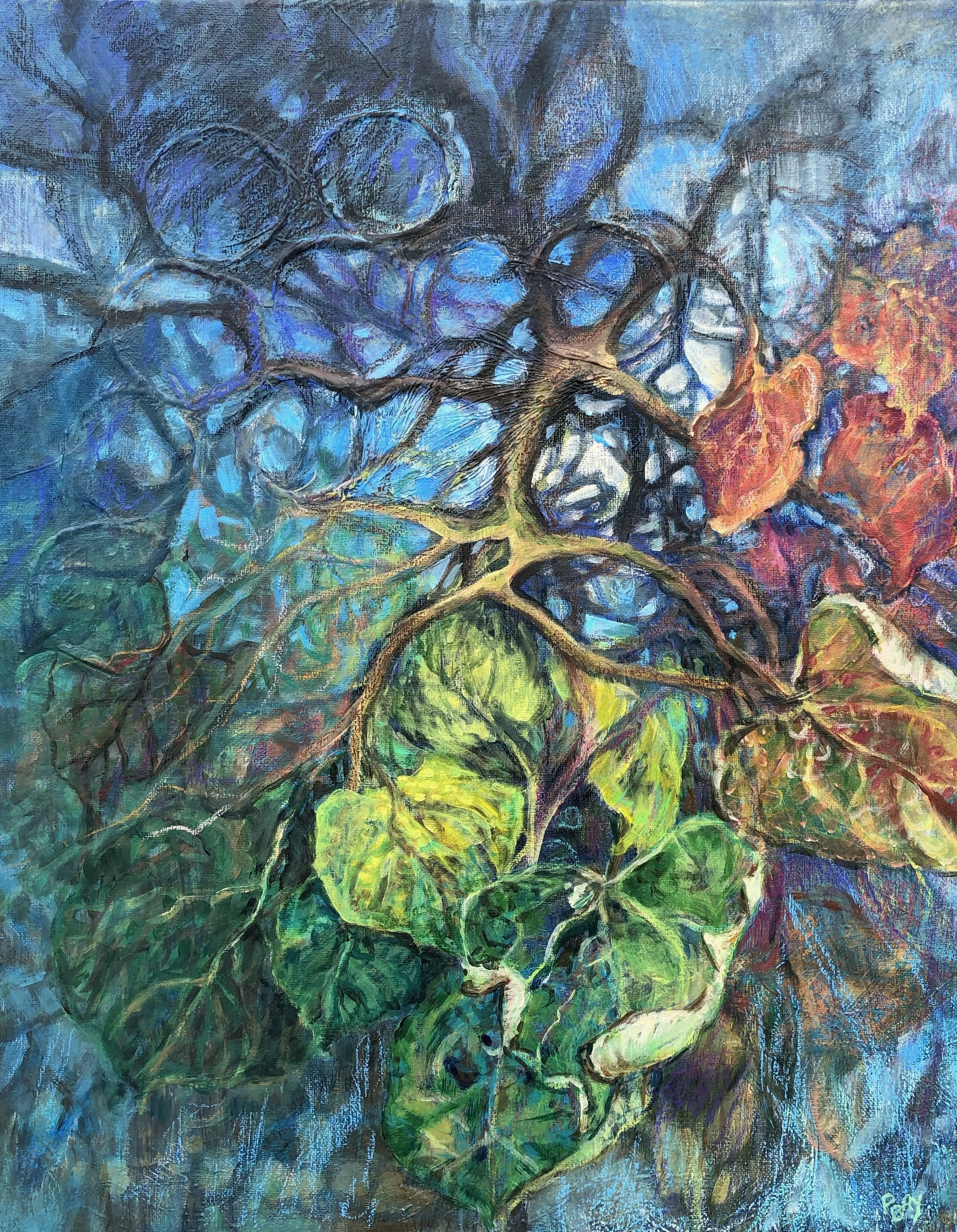 "Under the Redbud"  20x16"  Mixed Media