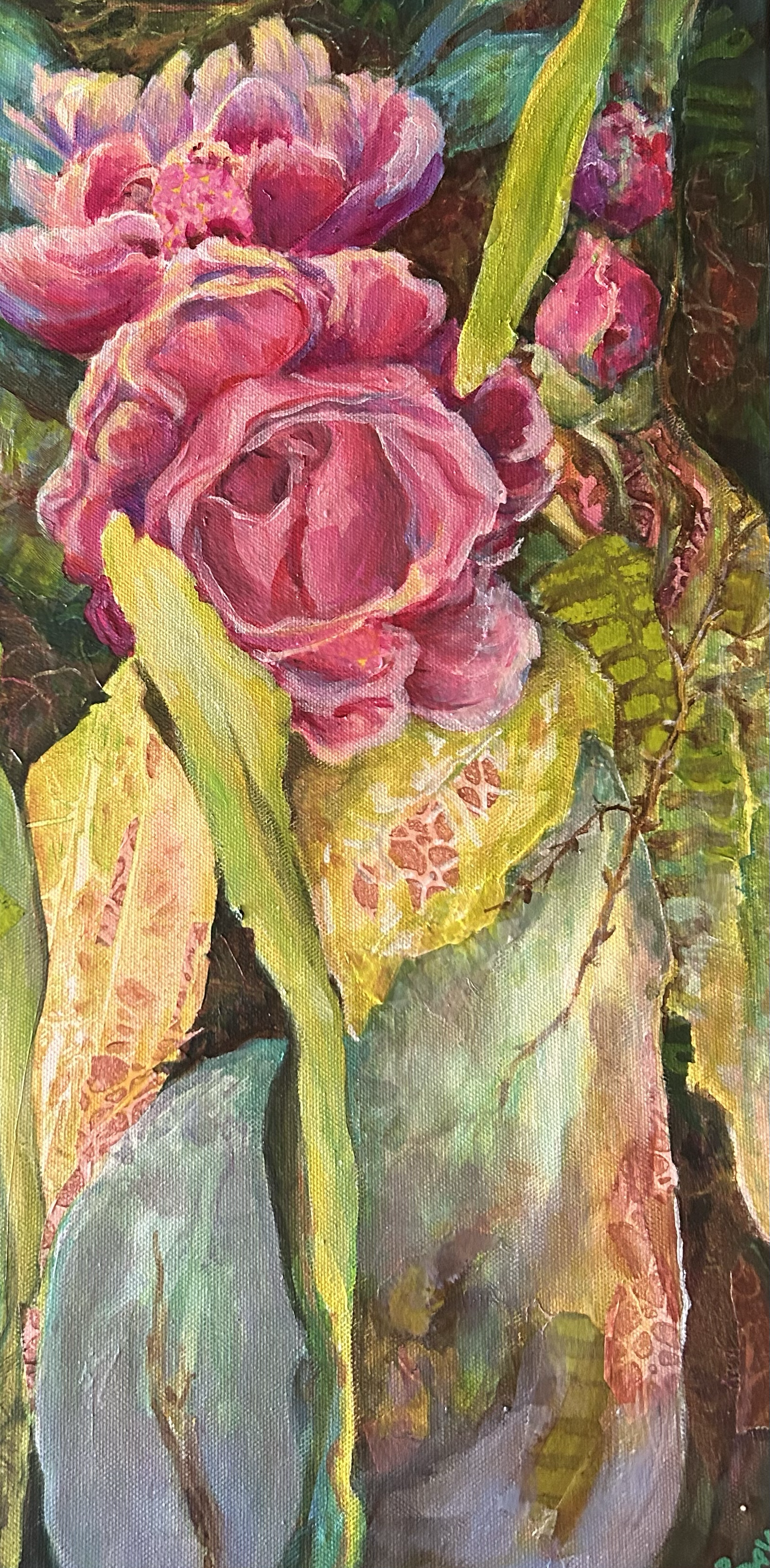 "Gertrude Jekyll Stops By"  20x10"  Mixed Media
