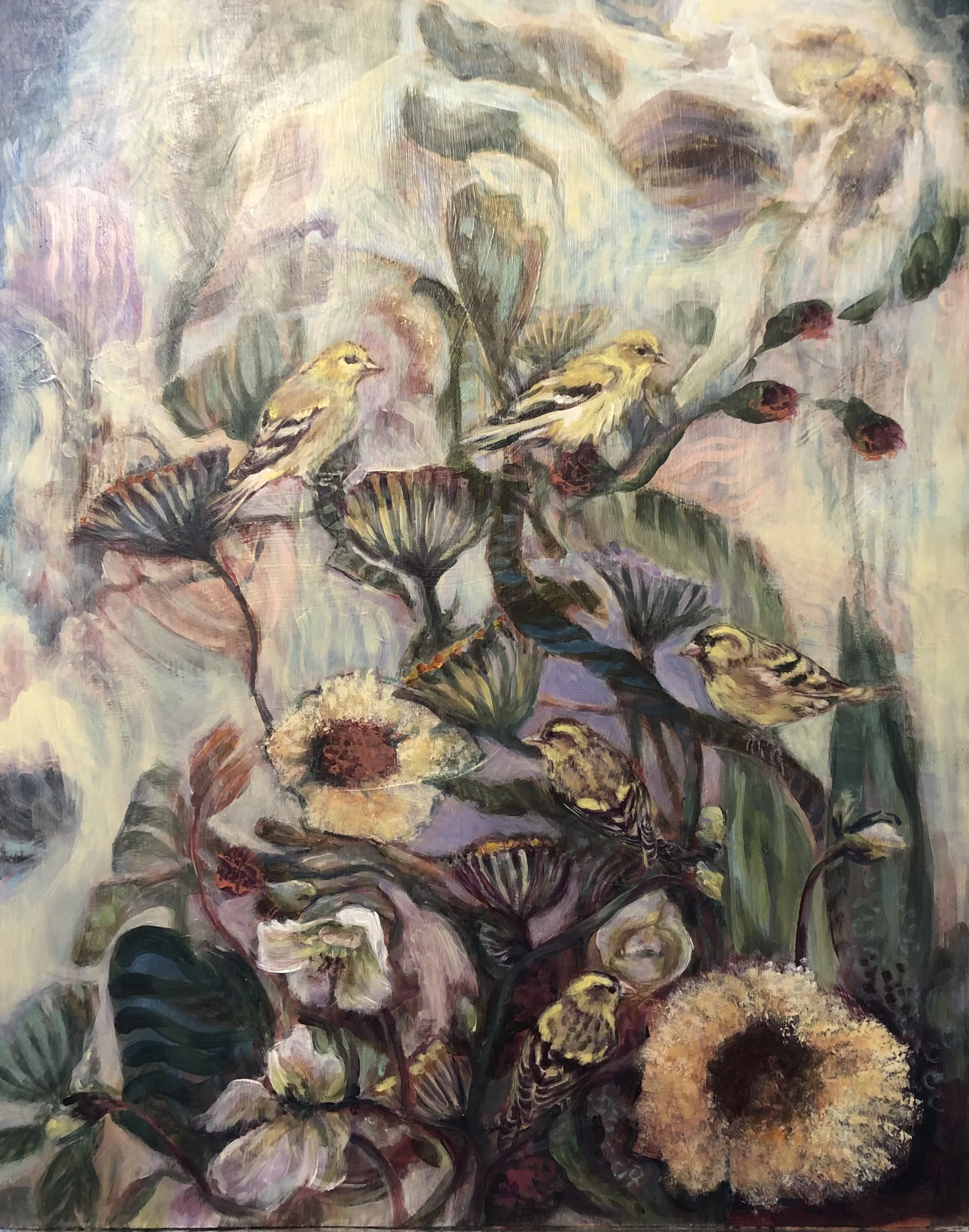 "Finches in the Winter Garden"  20x16"  Acrylic