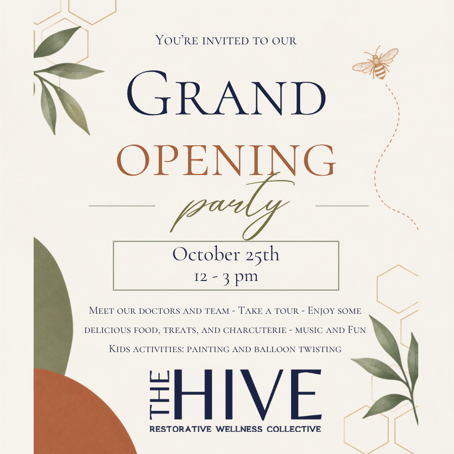 Invitation to a grand opening party on October 25th from noon to 3 pm, featuring activities, food, treats, music, kids' activities, and a tour of The Hive, a restorative wellness collective. The invitation has decorative leaves, honeycomb patterns, and a bee illustration.
