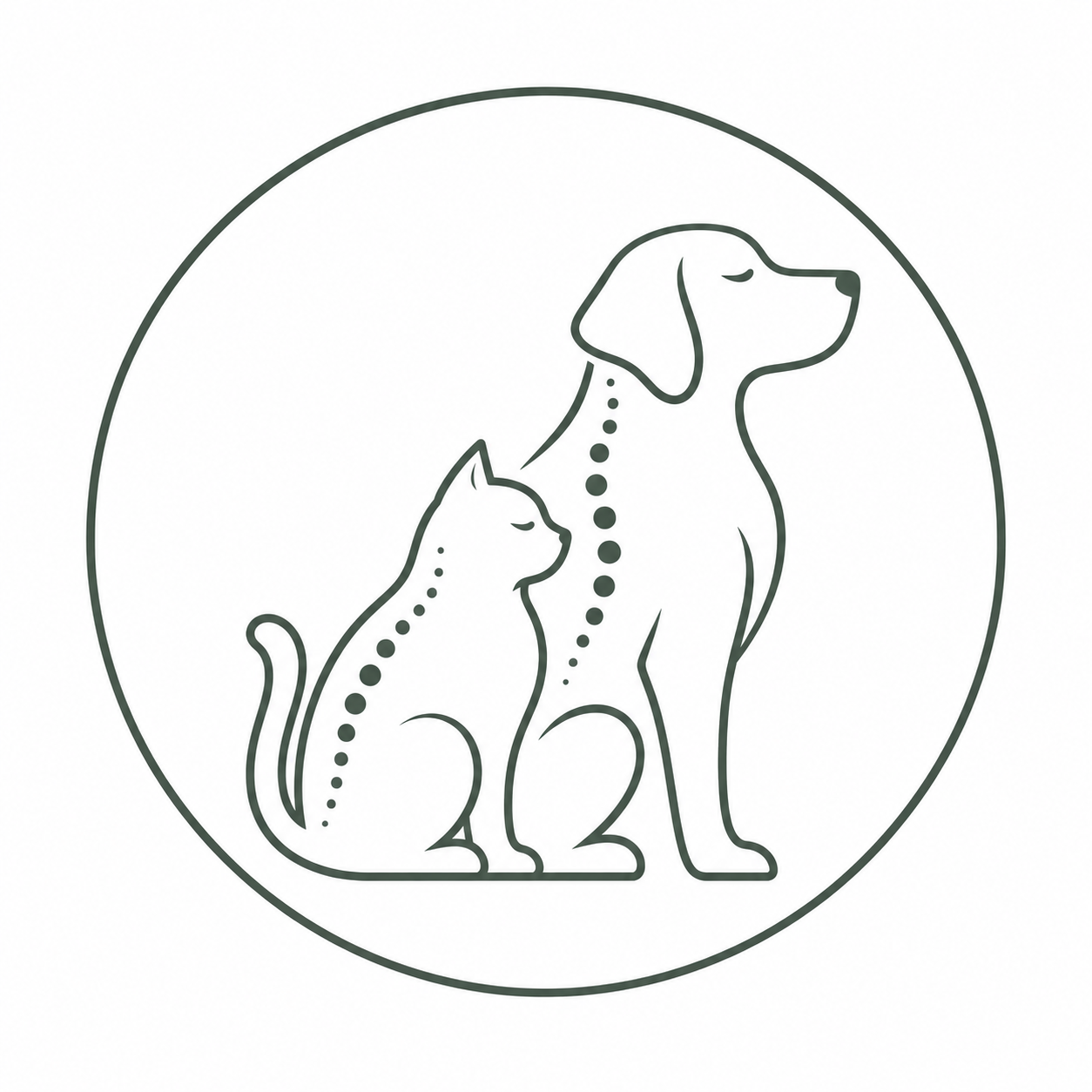Line drawing of a dog and a cat, both with dotted lines indicating the spine, enclosed in a circle.