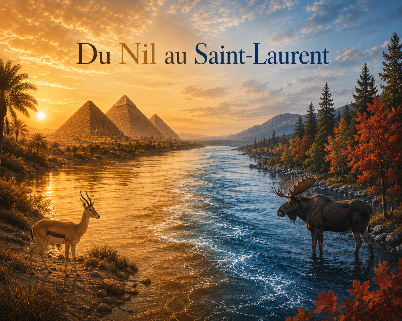 Sunset over the Nile River with pyramids in the background, a deer on the riverbank, a moose in the water, surrounded by trees with fall foliage.