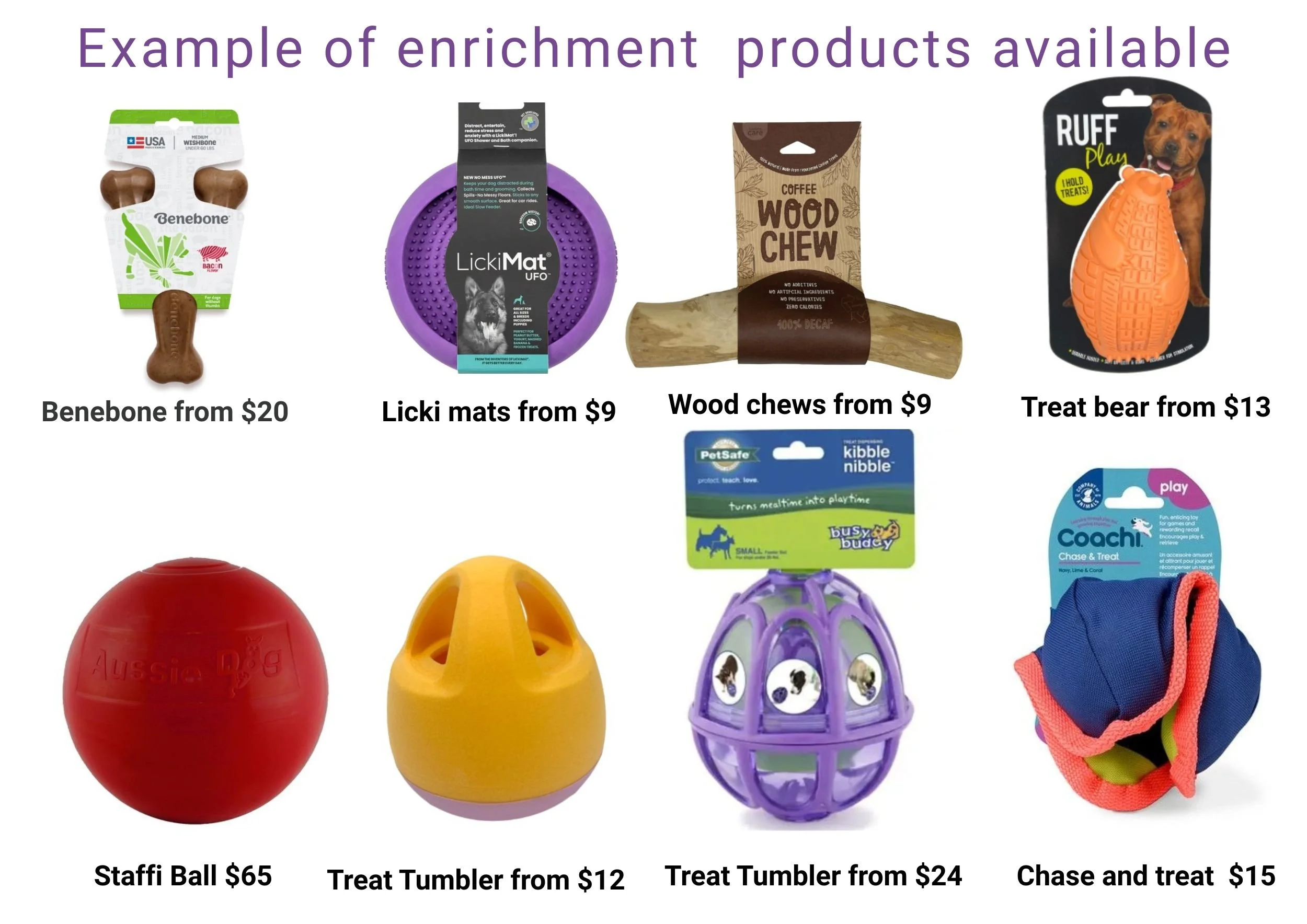A selection of dog enrichment toys to help reduce anxiety and behaviour issues