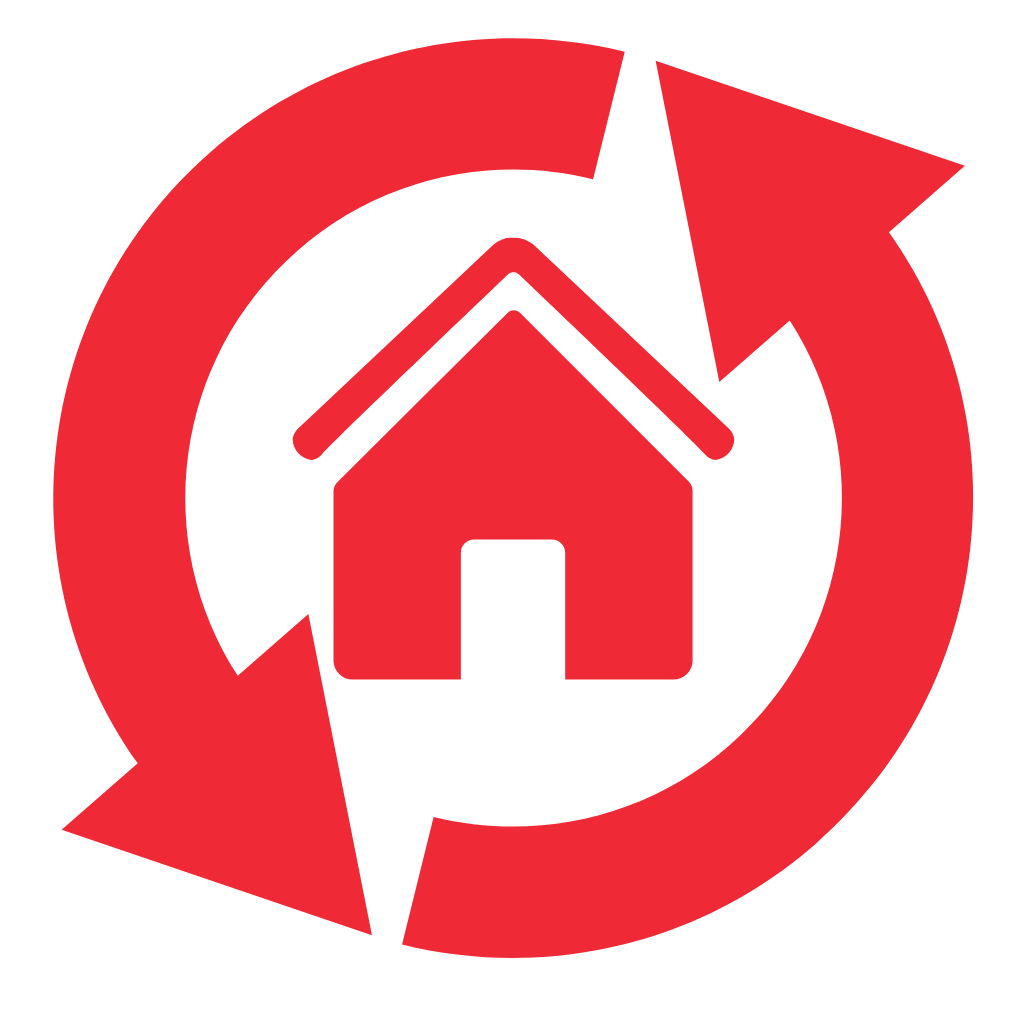 A red house surrounded by a circular arrow indicating recycling or renewal.