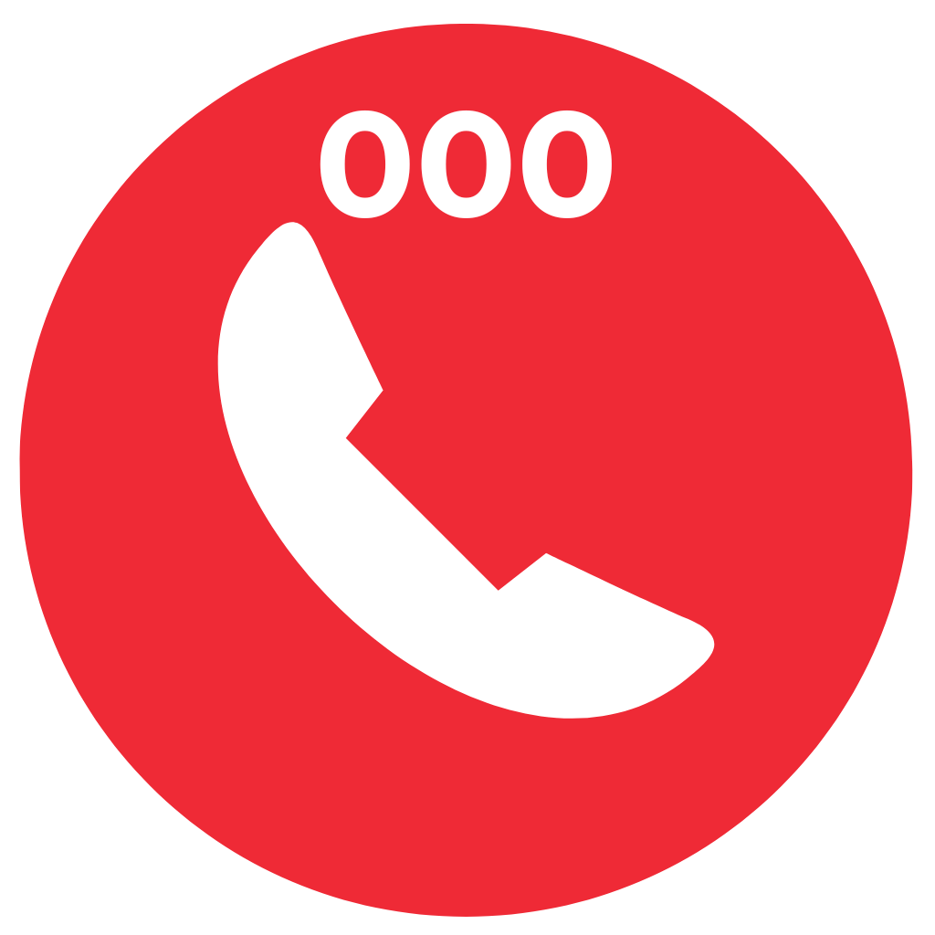 Red circular icon with a white telephone handset and the text '000' at the top.