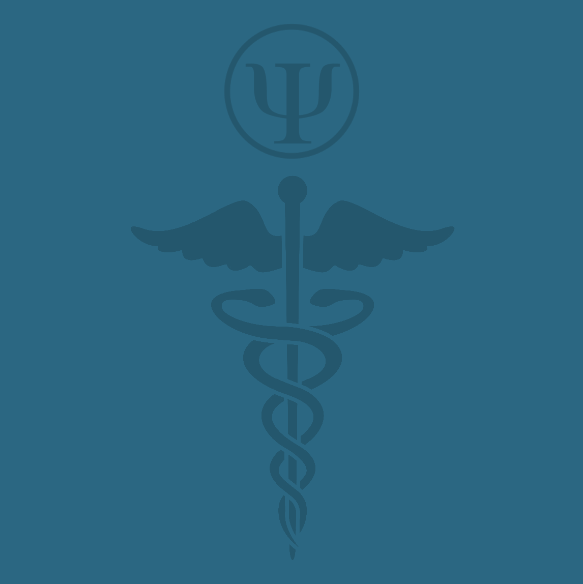 Medical caduceus symbol with a snakes entwined staff, wings, and the psychiatric symbol above, set against a blue background.