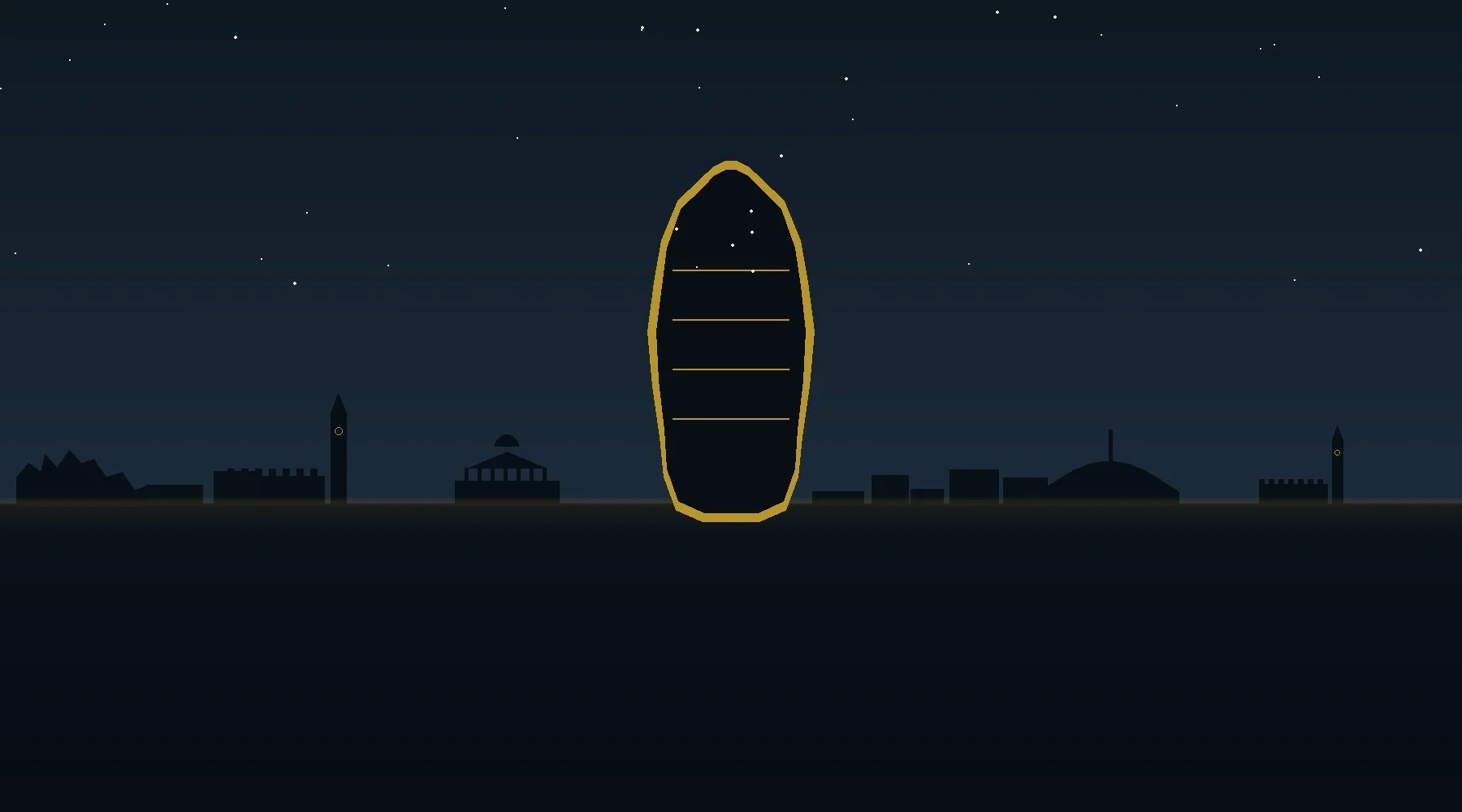 Digital illustration of a city skyline at night with stars in the sky, featuring a large glowing boat outline floating over the city.