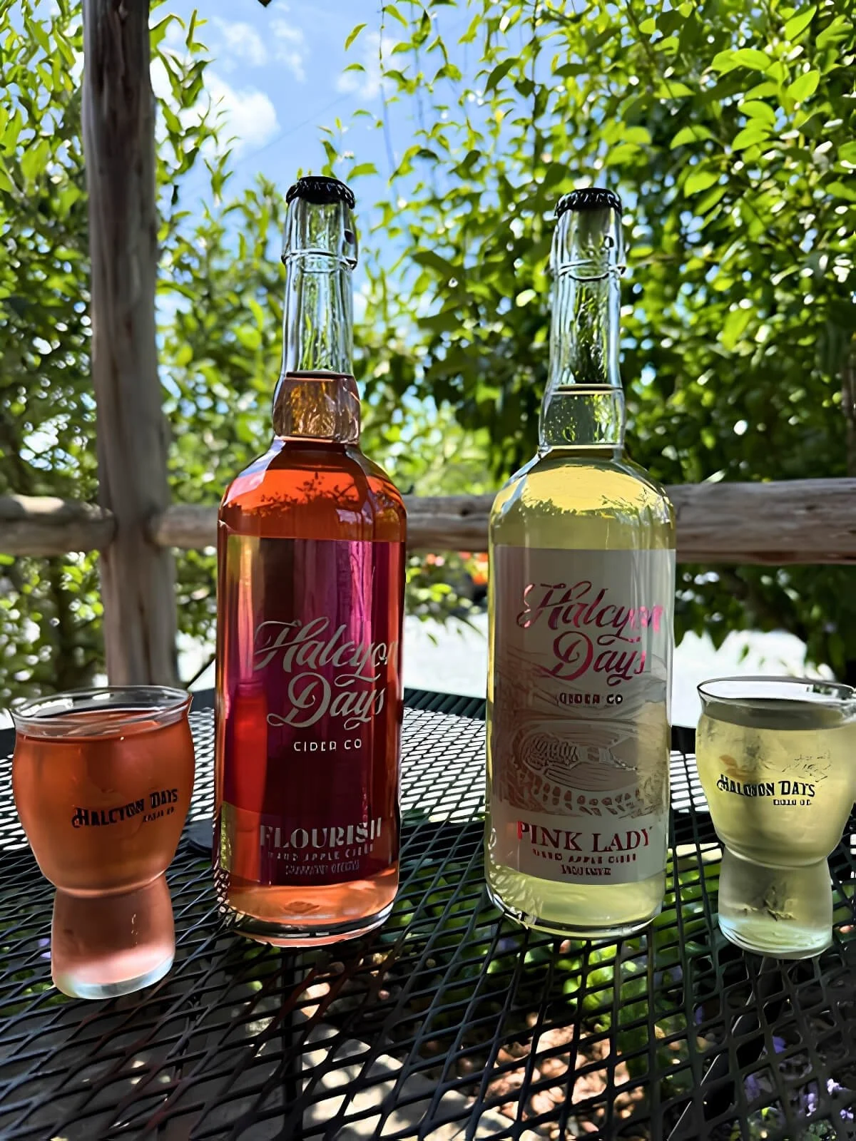 Two bottles of hard apple cider on a black metal outdoor table with two small glasses filled with a light-colored liquid, set against a background of lush green trees and blue sky.