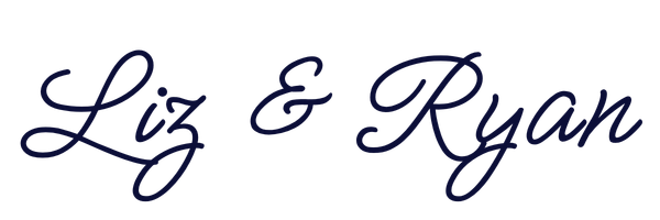Text reading "Liz & Ryan" in elegant, cursive font on a dark background.