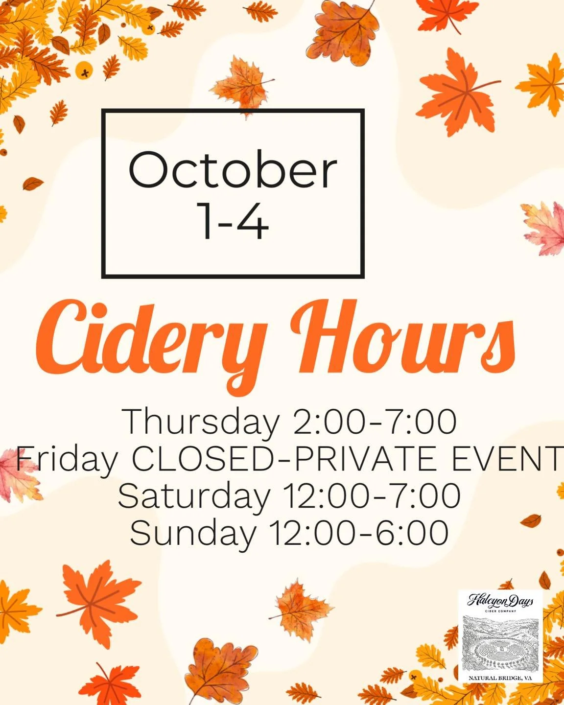 Cidery Hours for THIS Weekend!! We will be CLOSED Friday, October 2nd for a PRIVATE EVENT. Open Thursday, Saturday and Sunday. Enjoy a stroll through the #labyrinthorchard before the leaves are gone. Watch your favorite football team in The Barn or j