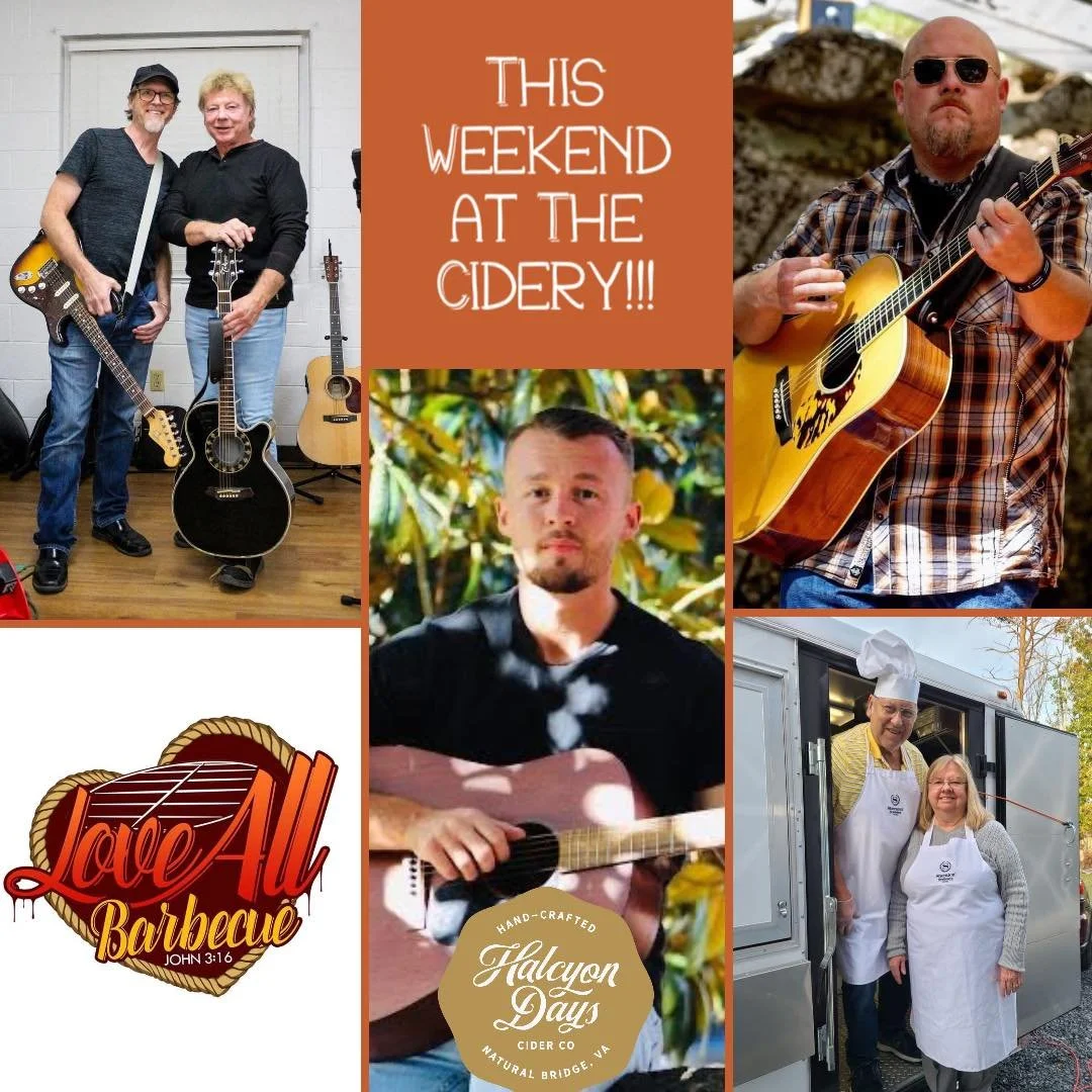 Lots of EVENTS at The Cidery this weekend!! Check out Bruce Allen &amp; Jason Burke Friday night (5-7) Love All BBQ will be our food truck (2-7). Saturday-Sean Patrick will be playing from 2-4. Sunday, Jason Hostetter will be here from 3-6 and Brats 