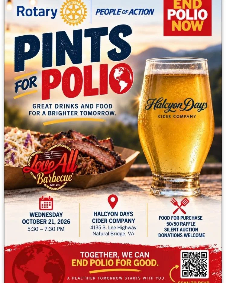 Tomorrow The Cidery will be OPEN from 5:30-7:30! We are excited to host Lexington Sunrise Rotary Club and their Pints for Polio fundraiser. Please help our local Rotary Clubs raise money while enjoying great BBQ and Cider! #pintsforpolio2026 #hardcid