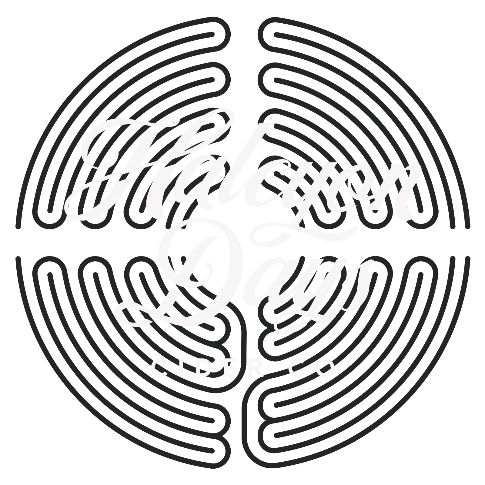 Halcyon Days logo badge in navy color with Labyrinth icon behind it