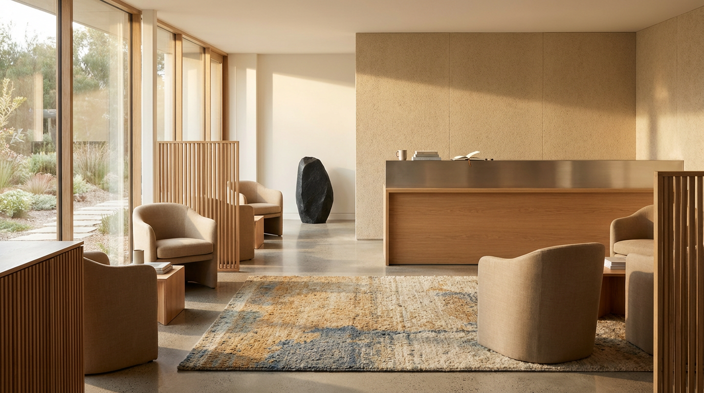 Modern waiting room with beige chairs, a wooden reception desk, a rug, and large windows letting in natural light, showing an outdoor garden.