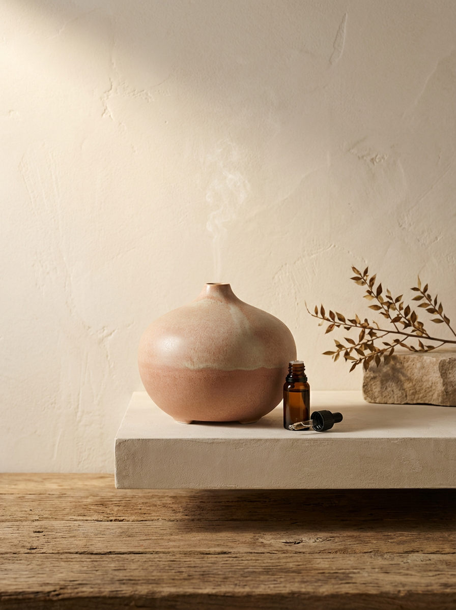 A terracotta diffuser with steam coming out, an amber essential oil bottle with the dropper cap removed, some dried leaves in a stone container, all on a white shelf against a textured beige wall.