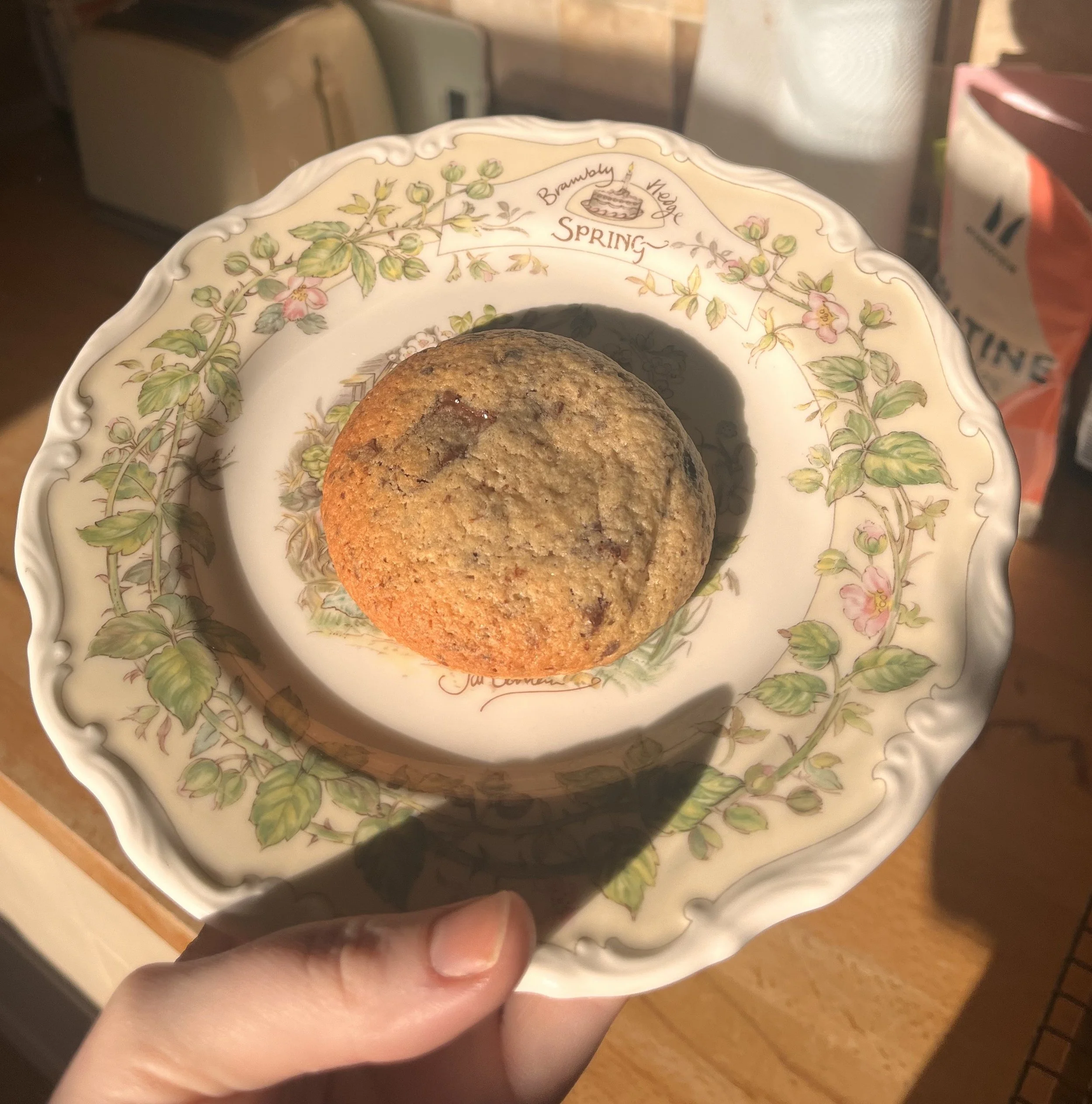 A hand holding a decorative plate with a cookie resting on it. The plate has floral and spring-themed designs, including a birthday cake with a candle, and text that reads "Brambley Spring".