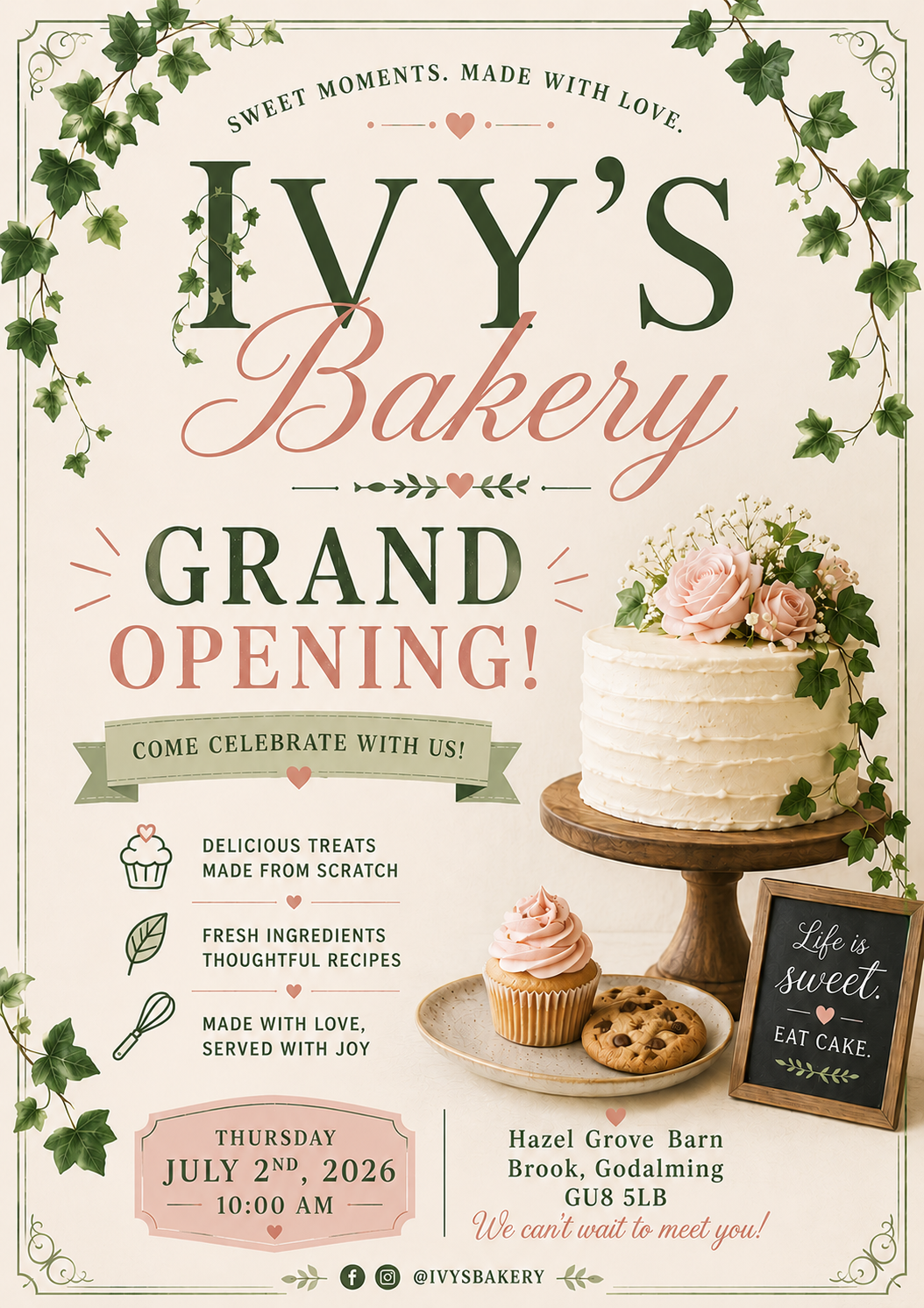An invitation poster for the grand opening of Ivy's Bakery, featuring a cake with flowers, cookies, and a cupcake. The poster has a floral and leafy border, and text about celebrating with treats, recipes, and love. Event is on July 2, 2026, at Hazel Grove Barn, Brook, Godalming.