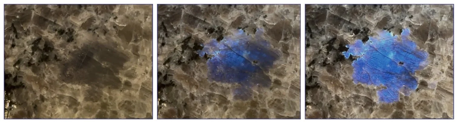 Sequence of three images demonstrating labradorescence - how Labradorite changes color with shifts of light. Labradorite from Labrador Canada. Sold by Ocean Floor Granite in association with Atlantic Stoneworks.