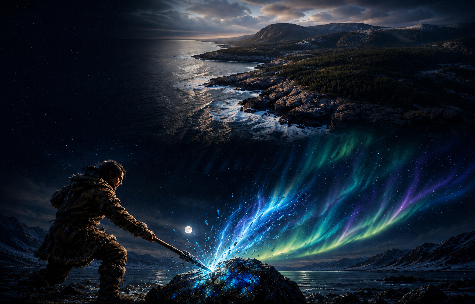 Illustration inspired by Inuit legend of labradorescence showing a hunter releasing light from Labradorite stone beneath the northern lights in Labrador Canada. Ocean Floor Granite in partnership with Atlantic Stoneworks.