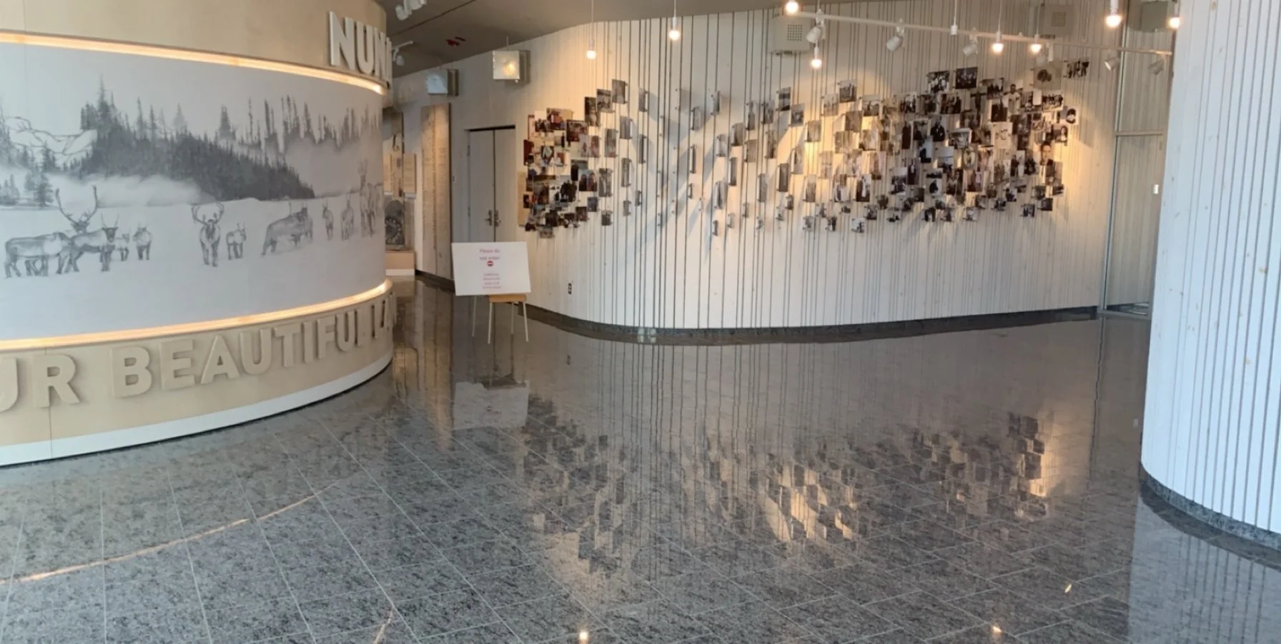 Interior of a tourism building in Labrador - featuring authentic blue-eyes labradorite from Labrador Canada. Quarried, fabricated and sold by Ocean Floor Granite in partnership with Atlantic Stoneworks