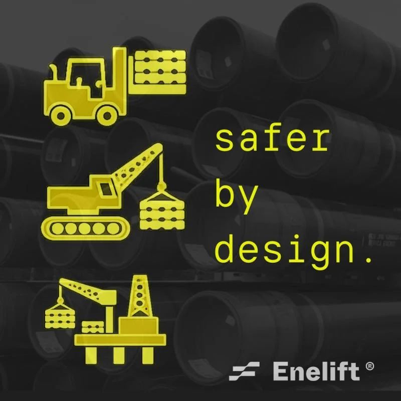 Graphic with yellow construction equipment icons and the words 'safer by design'. The icons include a forklift, a crane lifting a load, and an offshore oil rig, set against a background of pipes.
