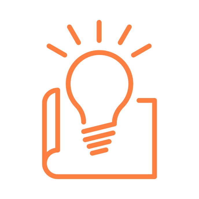 Orange icon of a light bulb on a blueprint