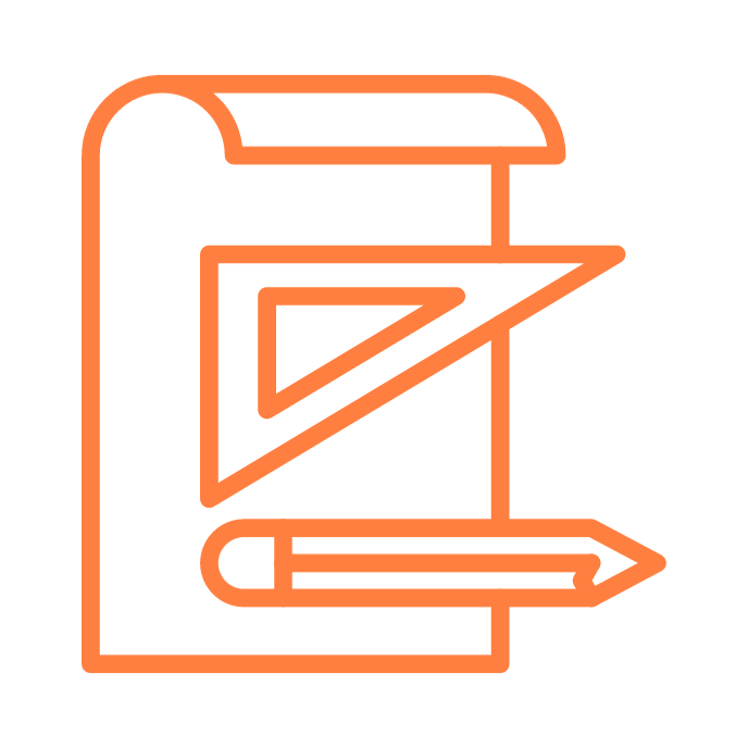 Orange stylized design of a scroll, pencil, and ruler