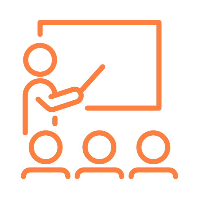 Icon of a person teaching or presenting to an audience, with three figures and a large display board.
