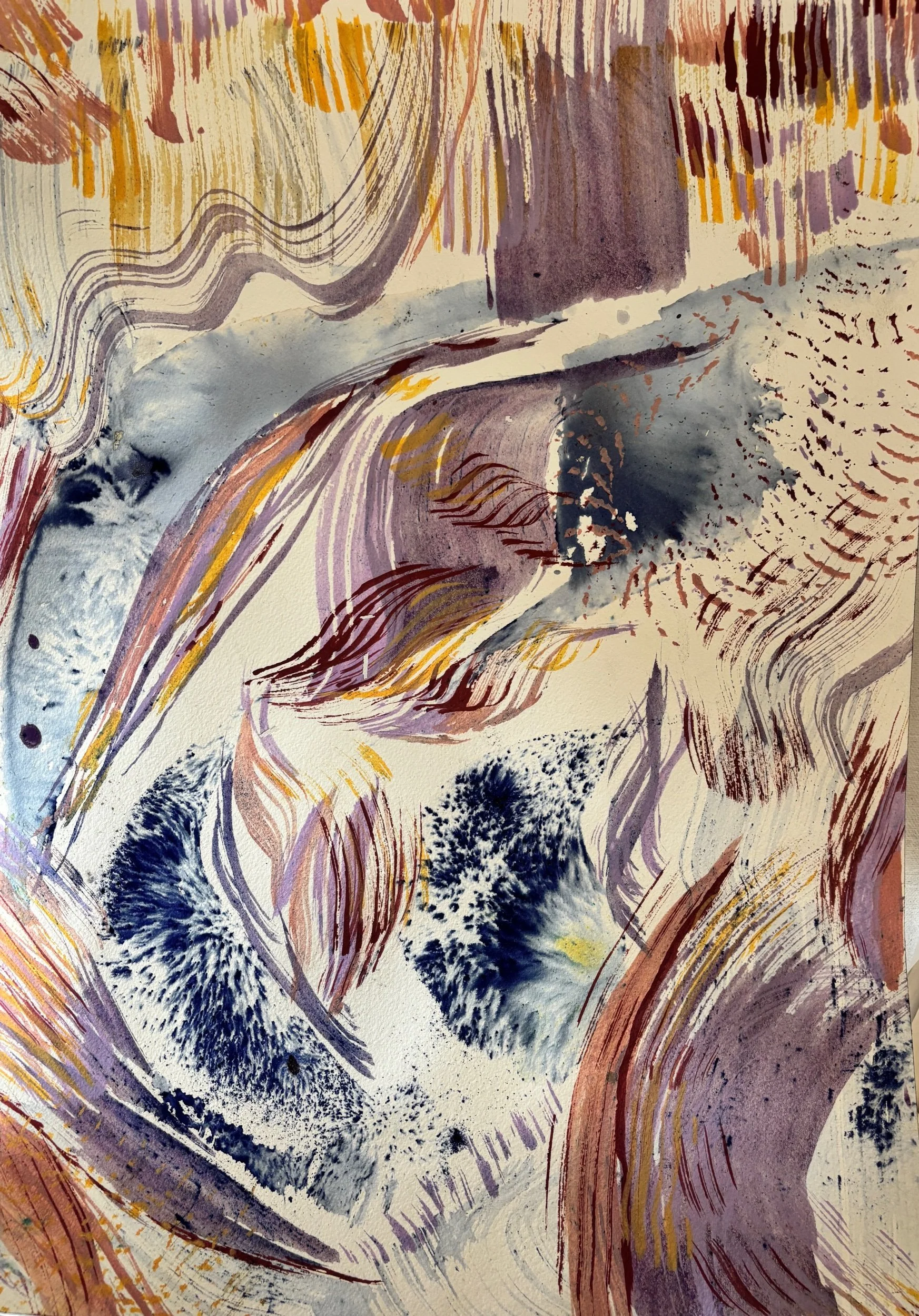 Peinture abstraite beige et noire, formes organiques, par Keren Schwarz