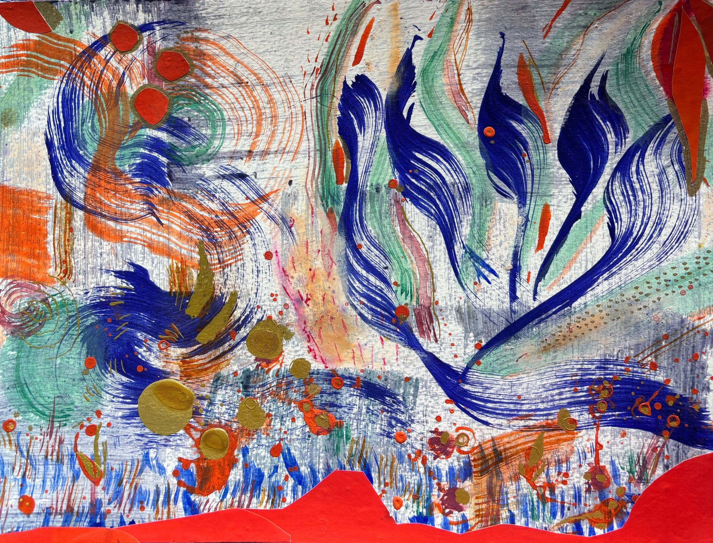Shin, acrylique, collage et marqueur sur papier, 32 x 24 cm, par Keren Schwarz
