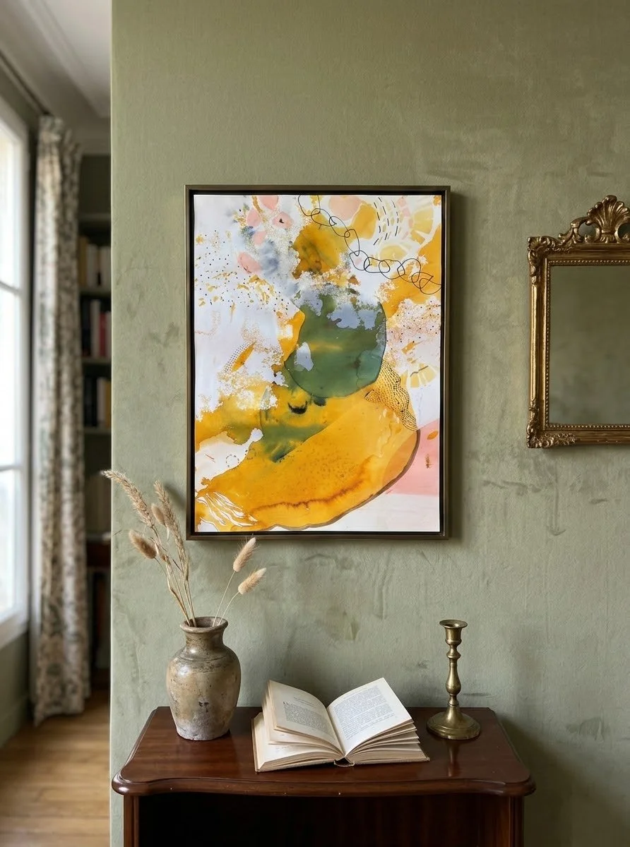Œuvre abstraite jaune et blanche présentée sur un meuble, en situation intérieure