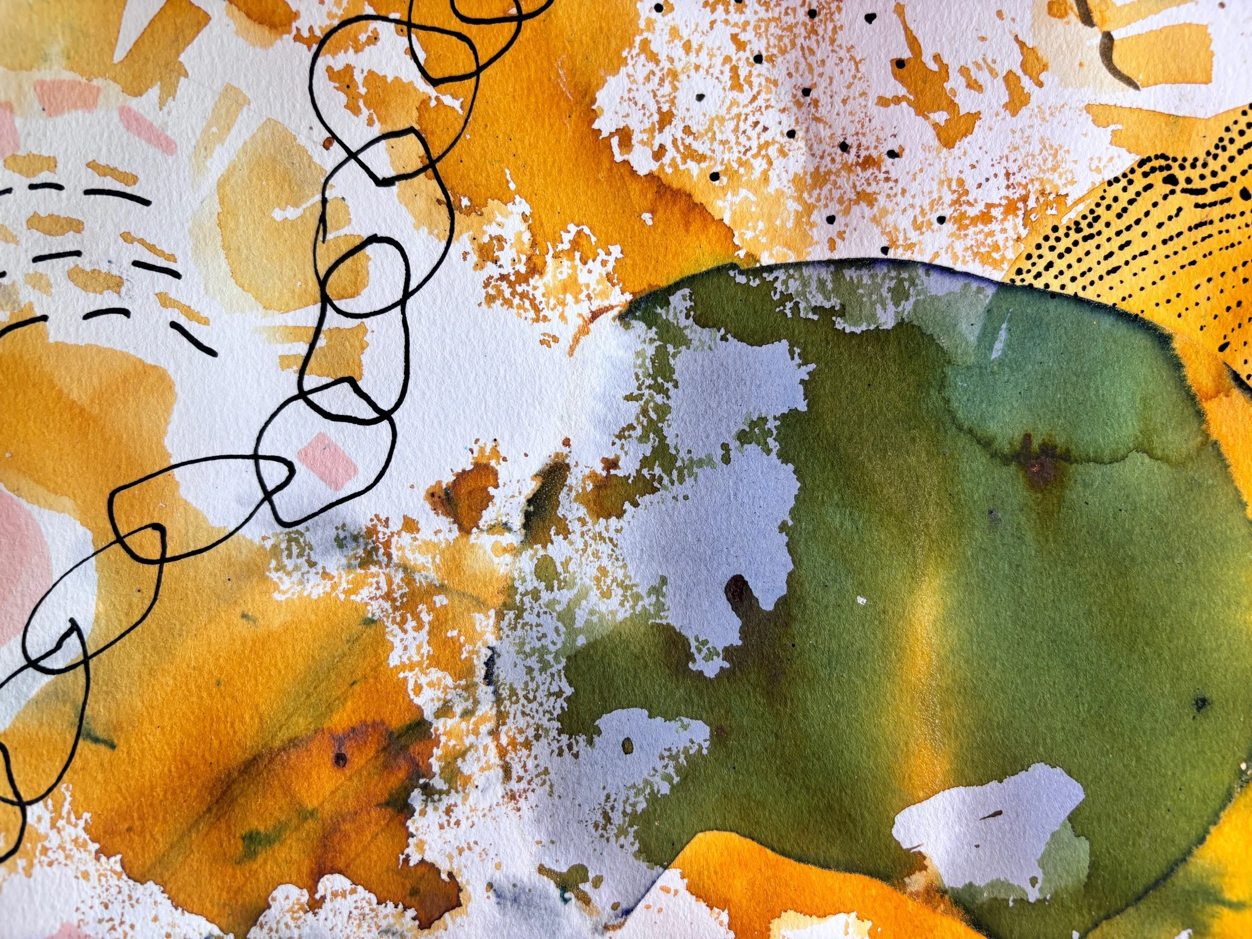Peinture abstraite orange et verte, composition minérale, par Keren Schwarz