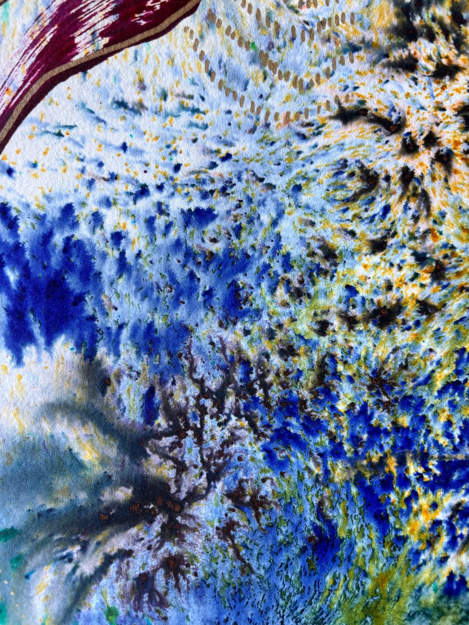 Peinture abstraite bleue et blanche, matière ondulée, par Keren Schwarz