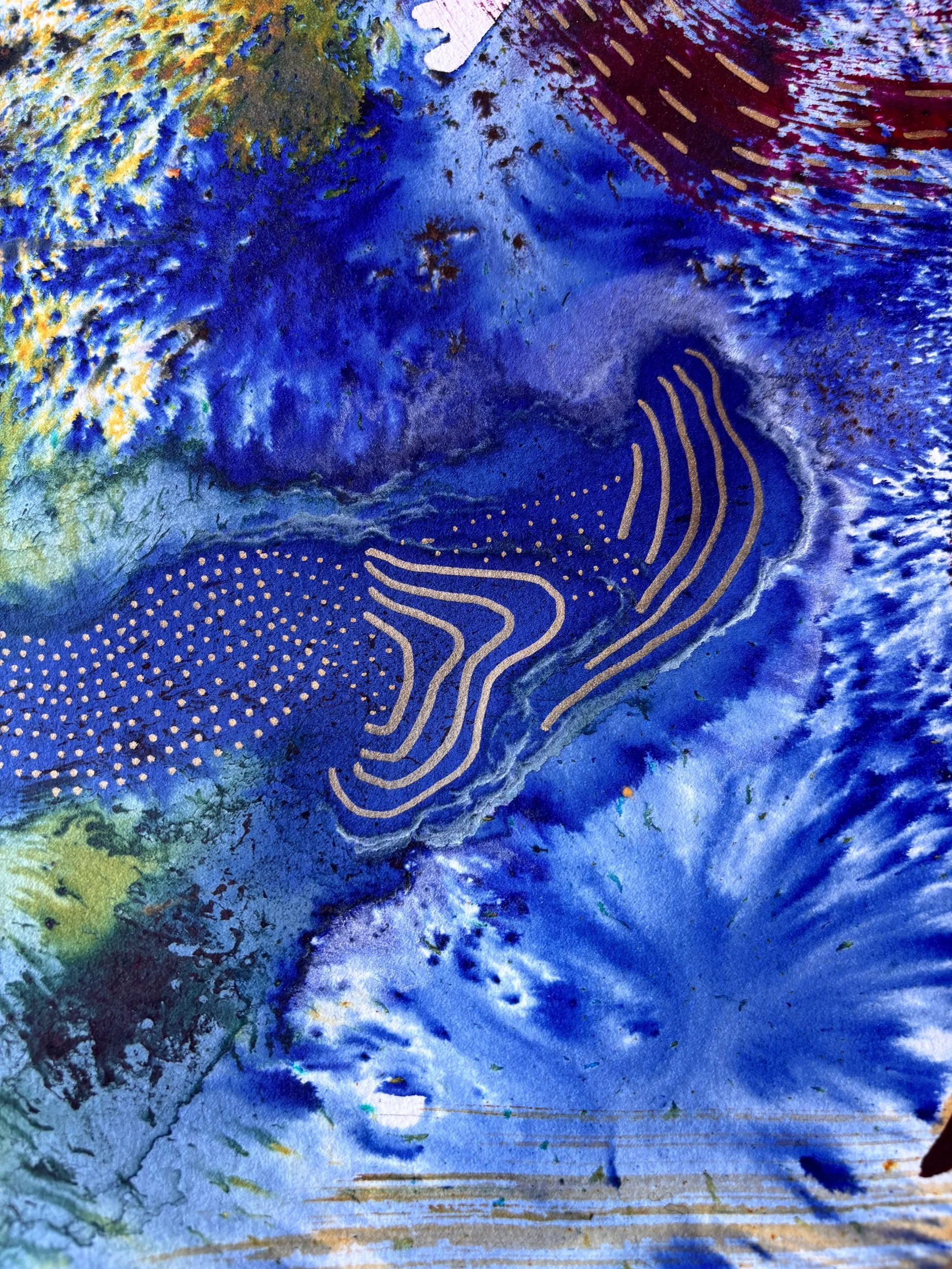 Matrices, acrylique et pigments sur papier, 36 x 51 cm, par Keren Schwarz