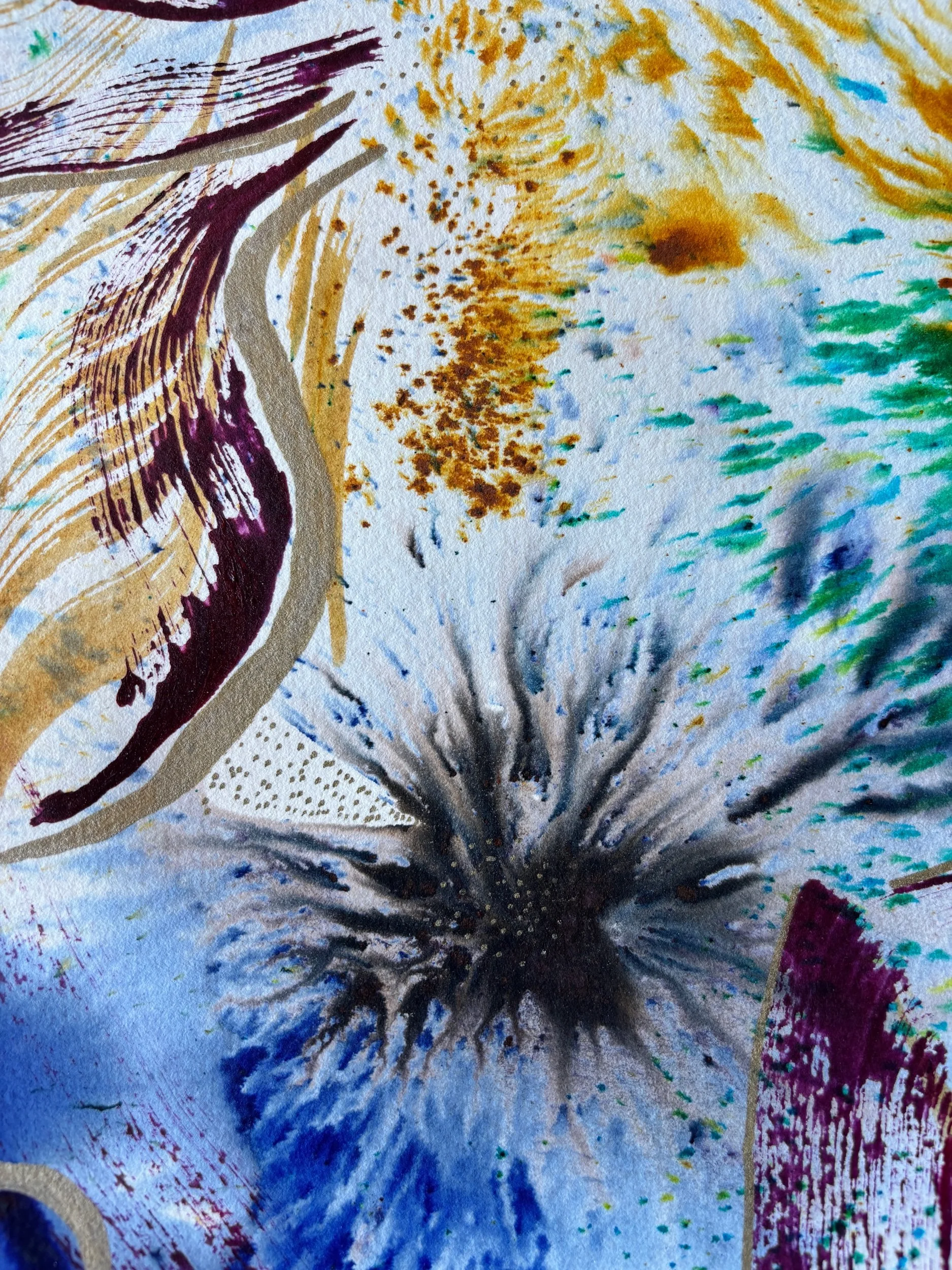 Matrices, acrylique et pigments sur papier, 36 x 51 cm, par Keren Schwarz