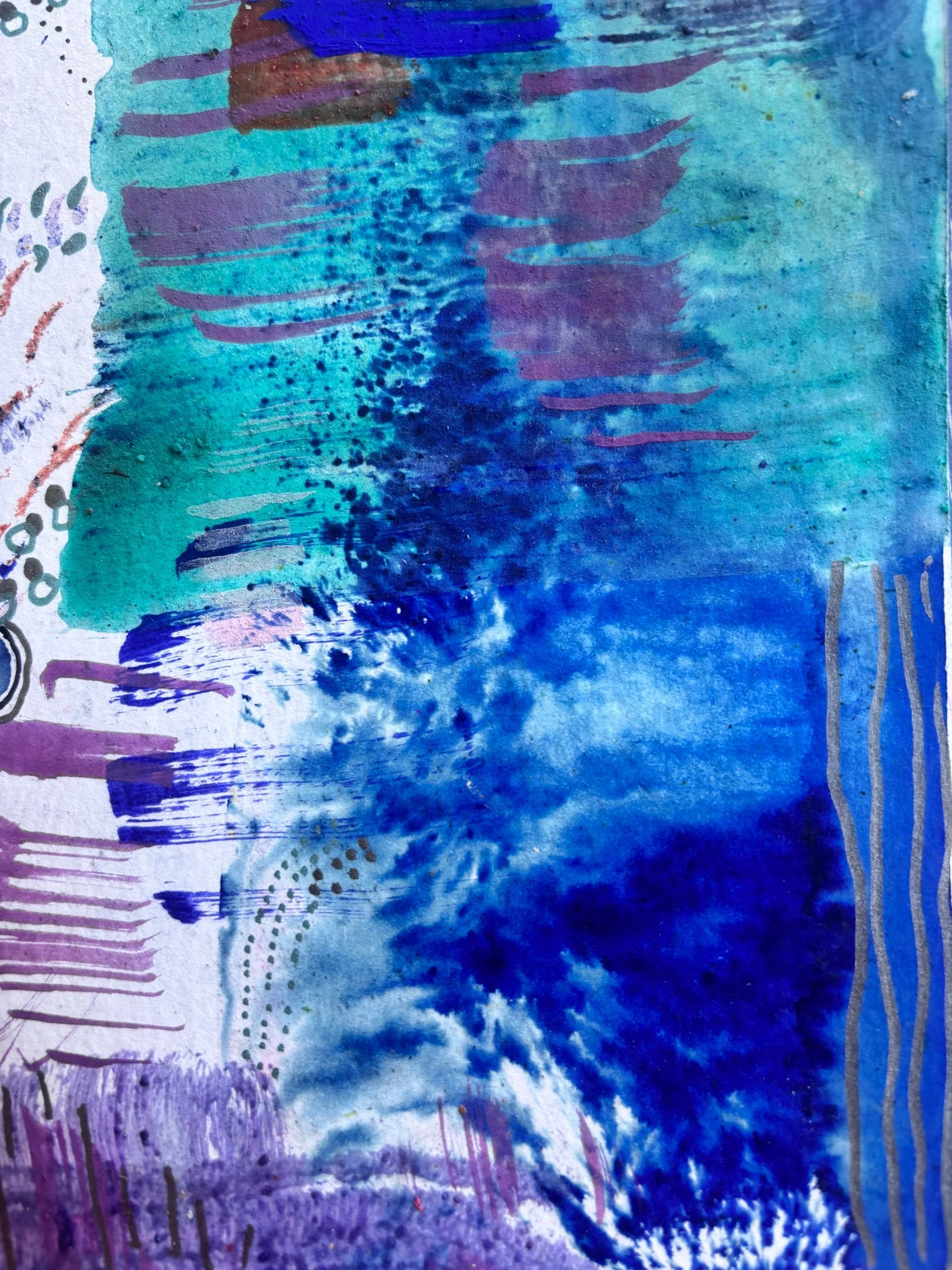 Peinture abstraite turquoise et bleue, matière verticale, par Keren Schwarz