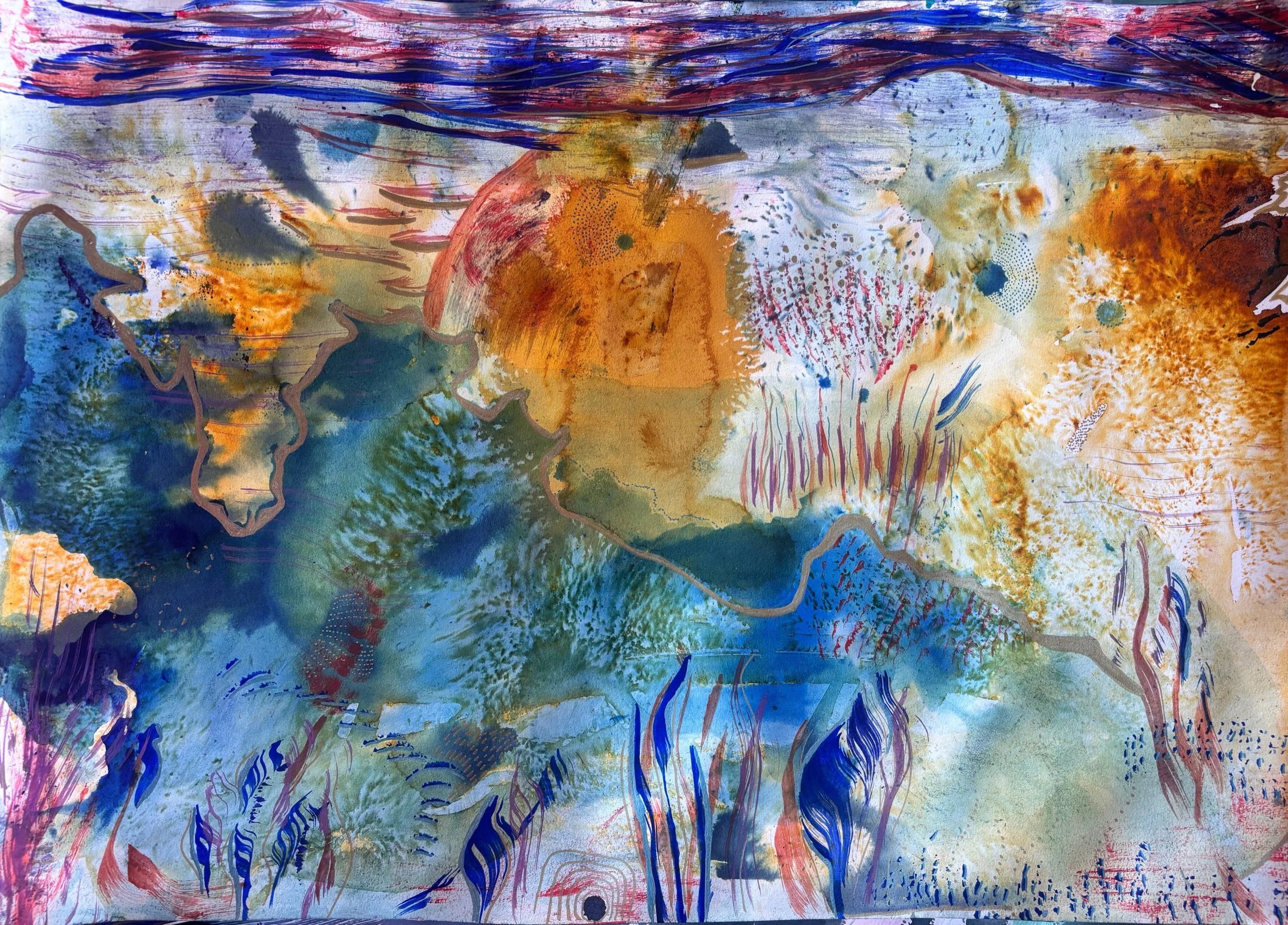 Diaspora IV, acrylique, pigments et marqueur sur papier, 41.7 x 59 cm, par Keren Schwarz