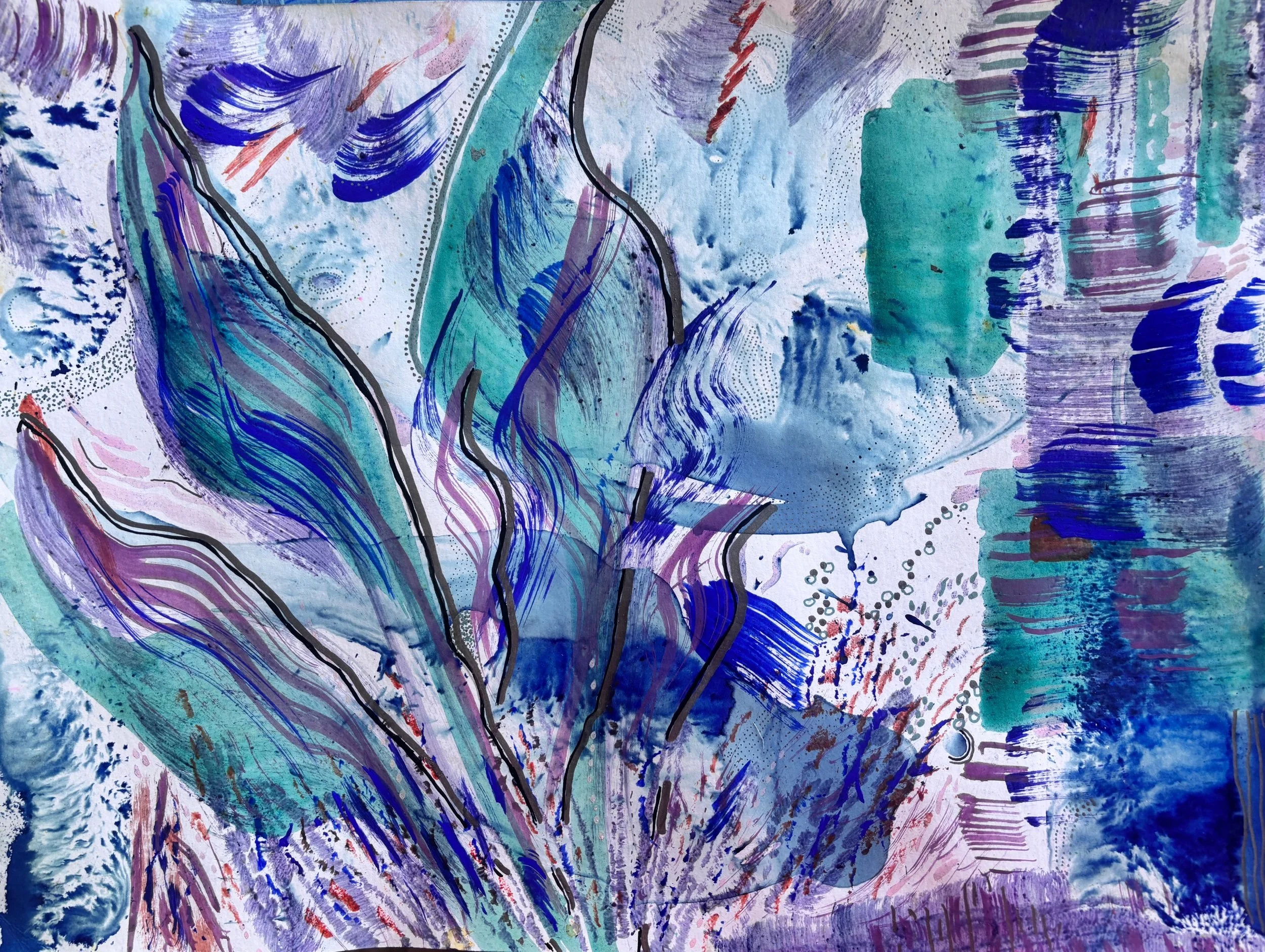 Elevation, acrylique, collage et marqueur sur papier, 36 x 48 cm, par Keren Schwarz