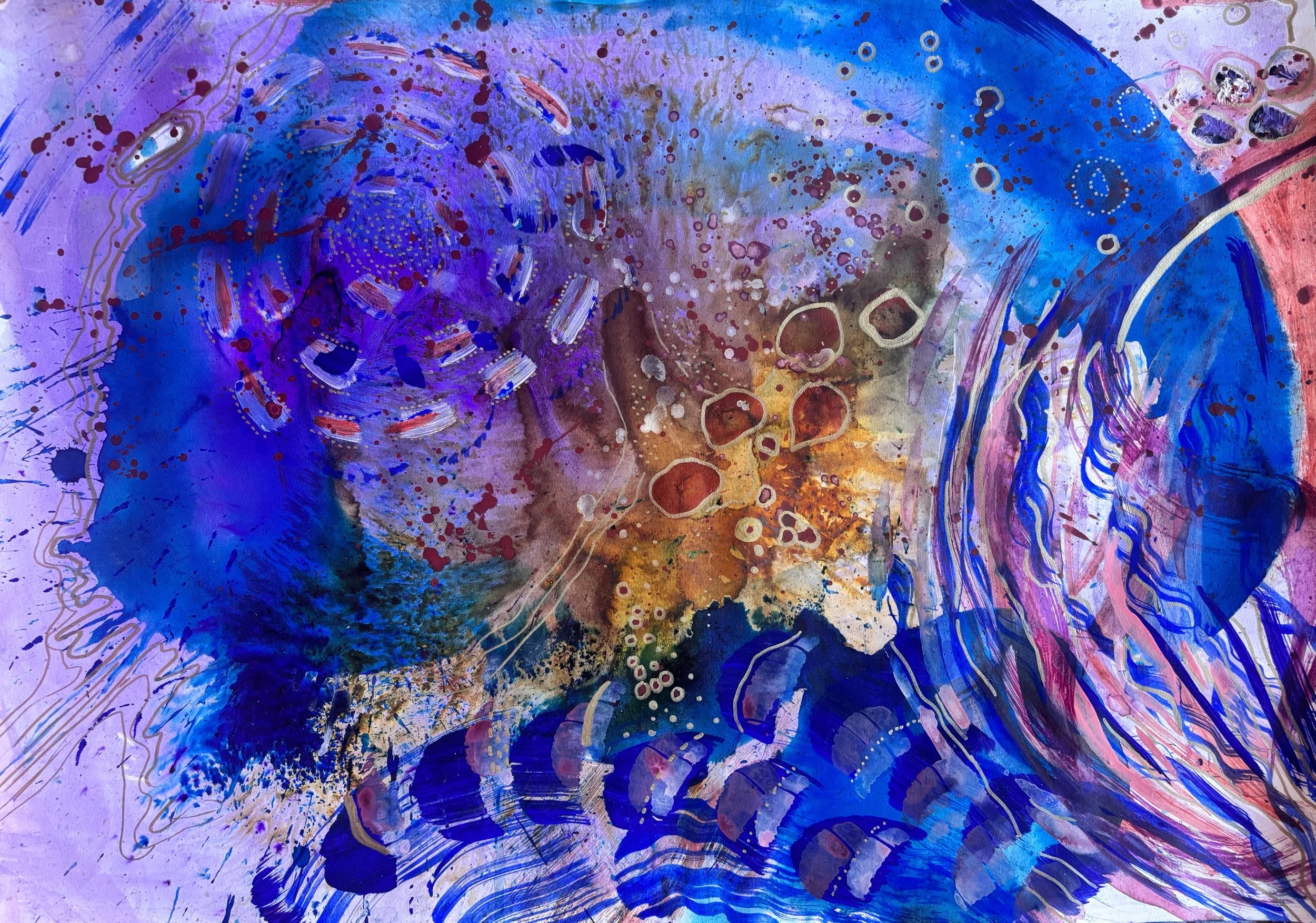 Peinture abstraite violette et bleue, textures profondes, par Keren Schwarz