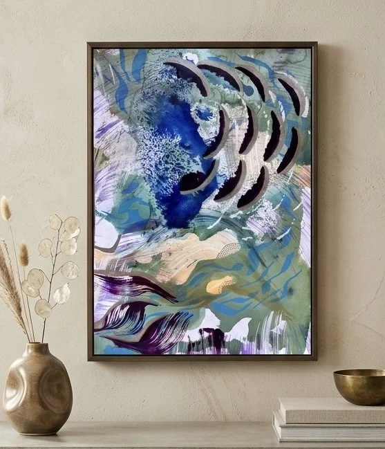 Mouvement II, acrylique et pigments sur papier, 21.7 x 29 cm, par Keren Schwarz